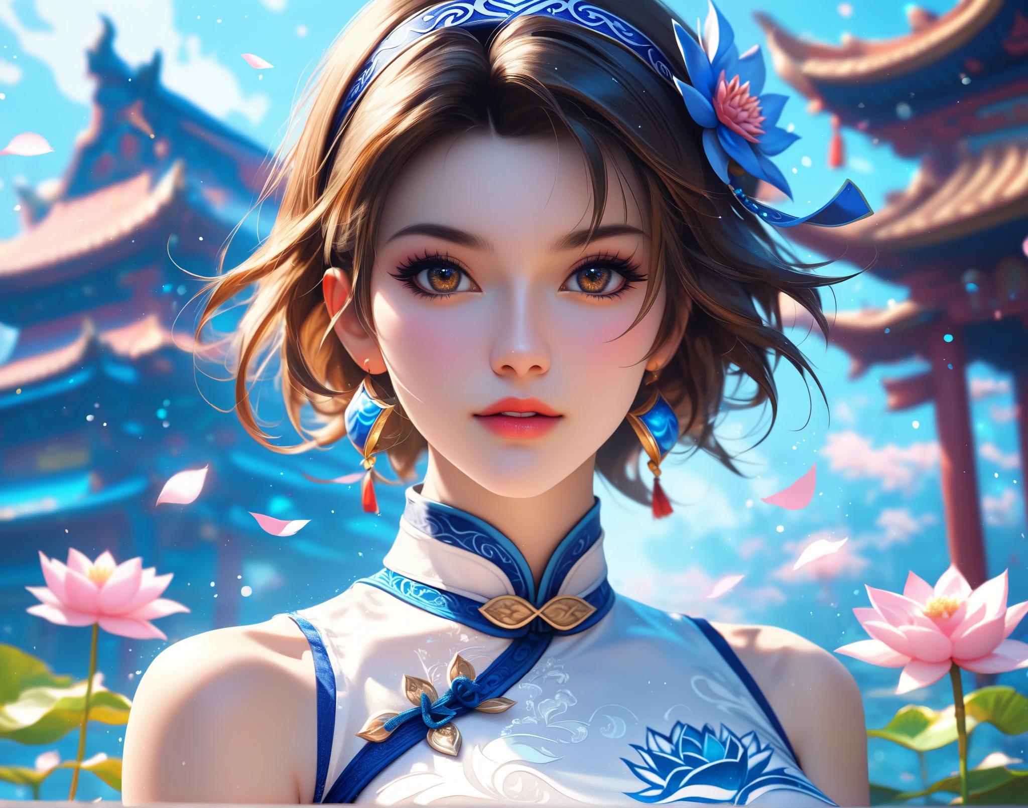 Beautiful Xianghua from Soul Calibur, short brown hair with long side strands, mesmerizing brown eyes, white Chinese style dress with blue and gold ornate details, hair band, light bokeh, lotus flower, Chinese temple background, finely detailed eyes, stunning visuals, Best quality, masterpiece, ultra high res