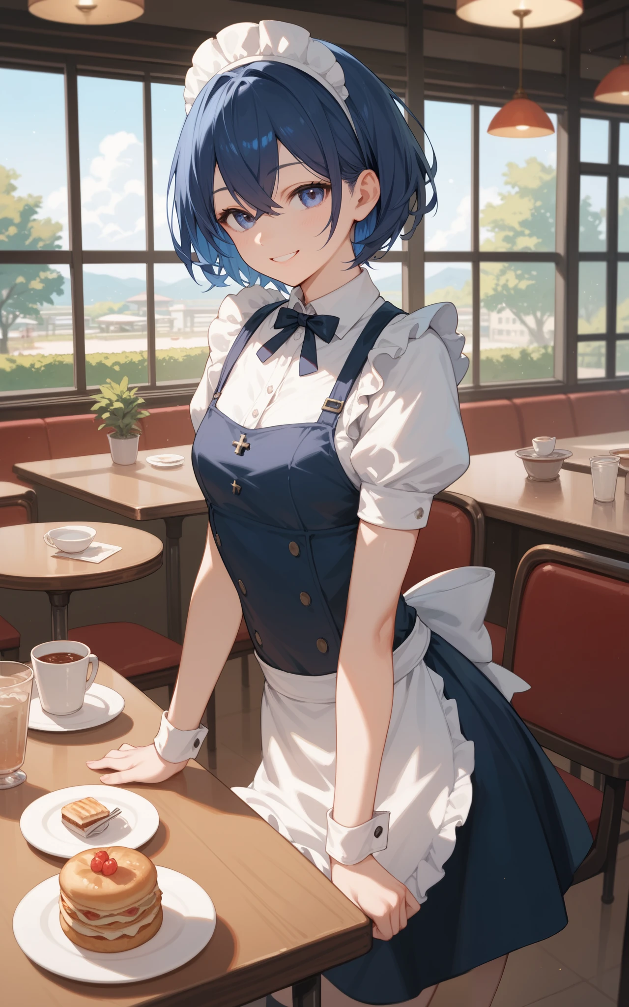 female, dark Blue  hair, cross bangs, short  hair, cafe, Waitress, Smile, Small Breasts, anime, 
