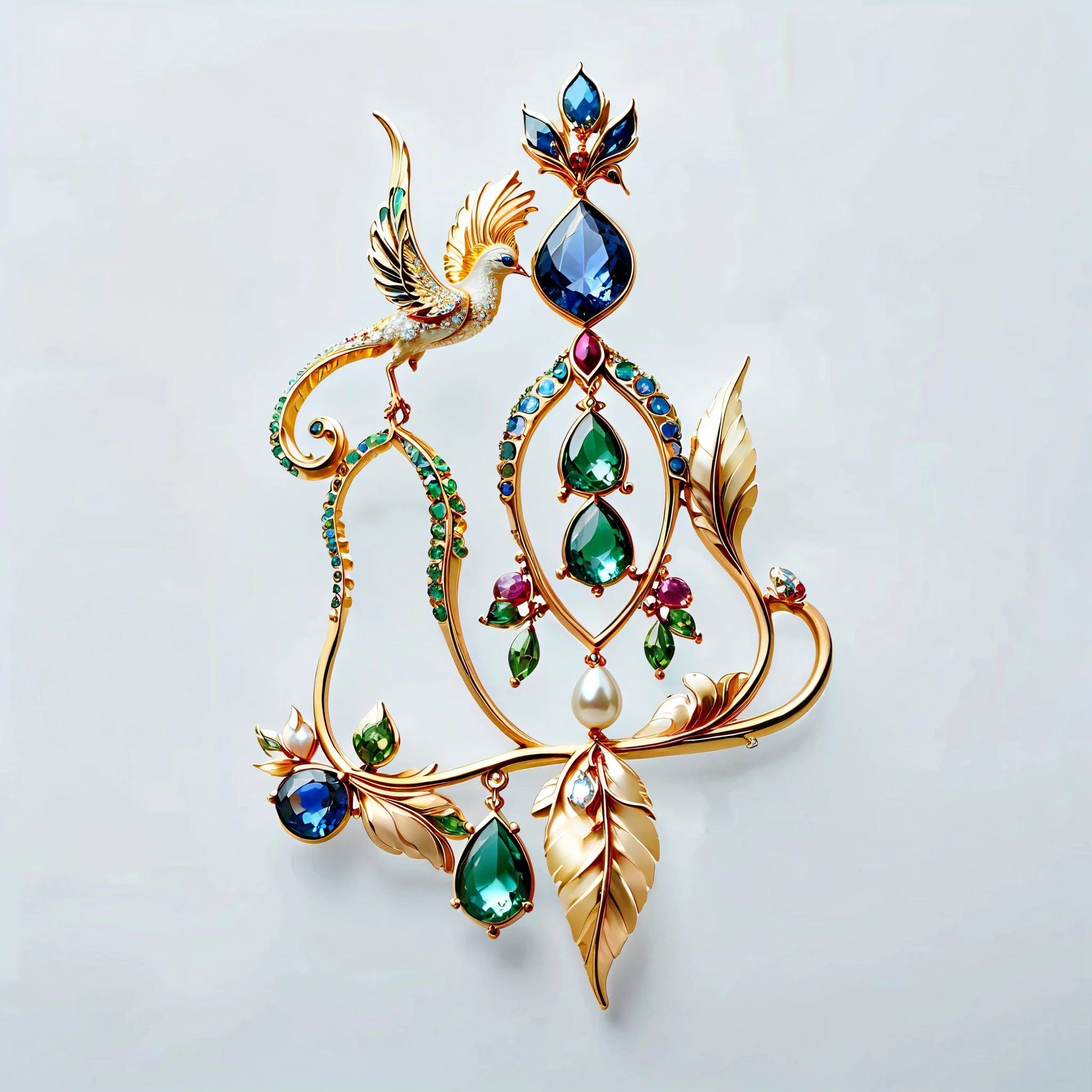 masterpiece. exquisite brooch , Depicts a Malagasy tourmaline phoenix, precious gemstones embellished fine jewelry . Exquisite craftsmanship . high quality. excellent improvement . (( Super Fine)). Table decoration , and scattered with some mother-of-pearl , opal, ruby. lapis lazuli. masterpiece hors norme. majestic and authentic . surrealistic .. (( white background ))