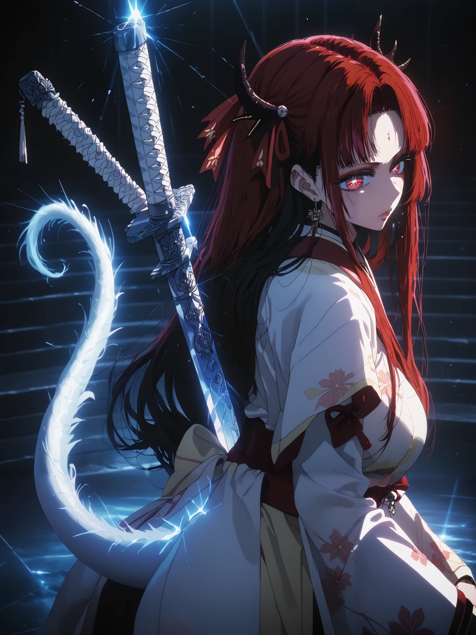neisan style, score_9, score_8_up, score_7_up, score_6_up, uncensored, mayumi saegusa, long hair, black hair, red eyes, ribbon, hair ribbon, forehead, bright pupils, anime coloring, anime screencap, large breasts, (voluptuous:1.3), (thick:1.3), BREAK UHD, retina, masterpiece, accurate, anatomically correct, textured skin, super detail, high details, high quality, award winning, best quality, highres, 4K, excessive sweating, sweating, sweating drop, (gasping, heavy breathing:1.3), (skindentation:1.2), perfect eyes, beautiful eyes, eyelashes, makeup, detailed body, perfect body, BREAK, weapon, 1girl, sword, solo, tail, katana, sheath, glowing, dragon_tail, japanese_clothes, looking_at_viewer, kimono, holding_weapon, looking_back, holding, standing, holding_sword, sheathed, earrings, closed_mouth, dragon_girl, glowing_eyes, long_sleeves, jewelry, dragon_horns, from_behind, (aura:1.4), gothic