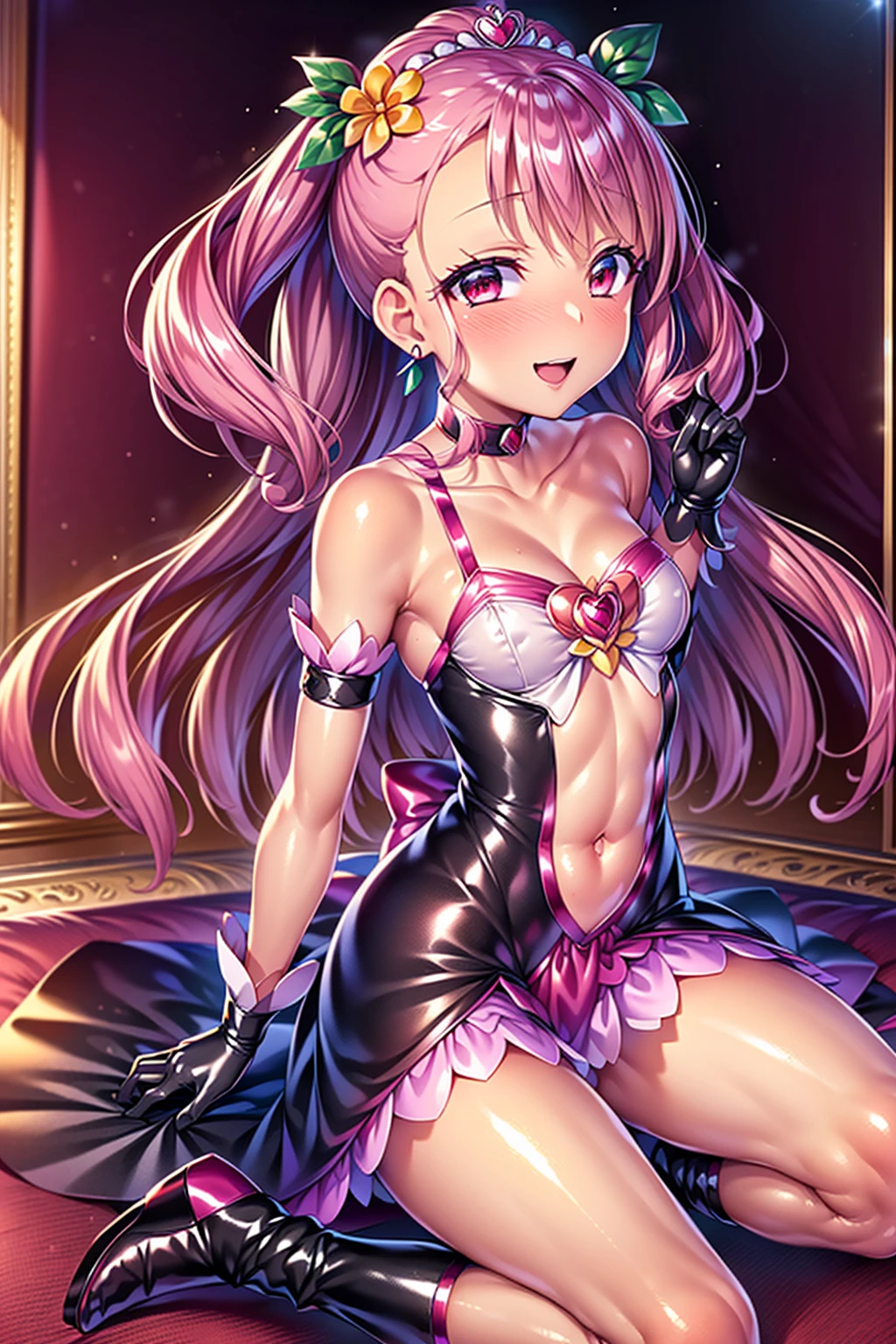 nsfw,((One man and one woman,Having sex)),Lying down,Small breasts,blonde,Hair above one eye,Green Eyes,Laughing with your mouth open,tights, ((Pink magical girl costume)),Removable sleeves,beret,ribbon,(masterpiece,Best image quality,Highest quality)