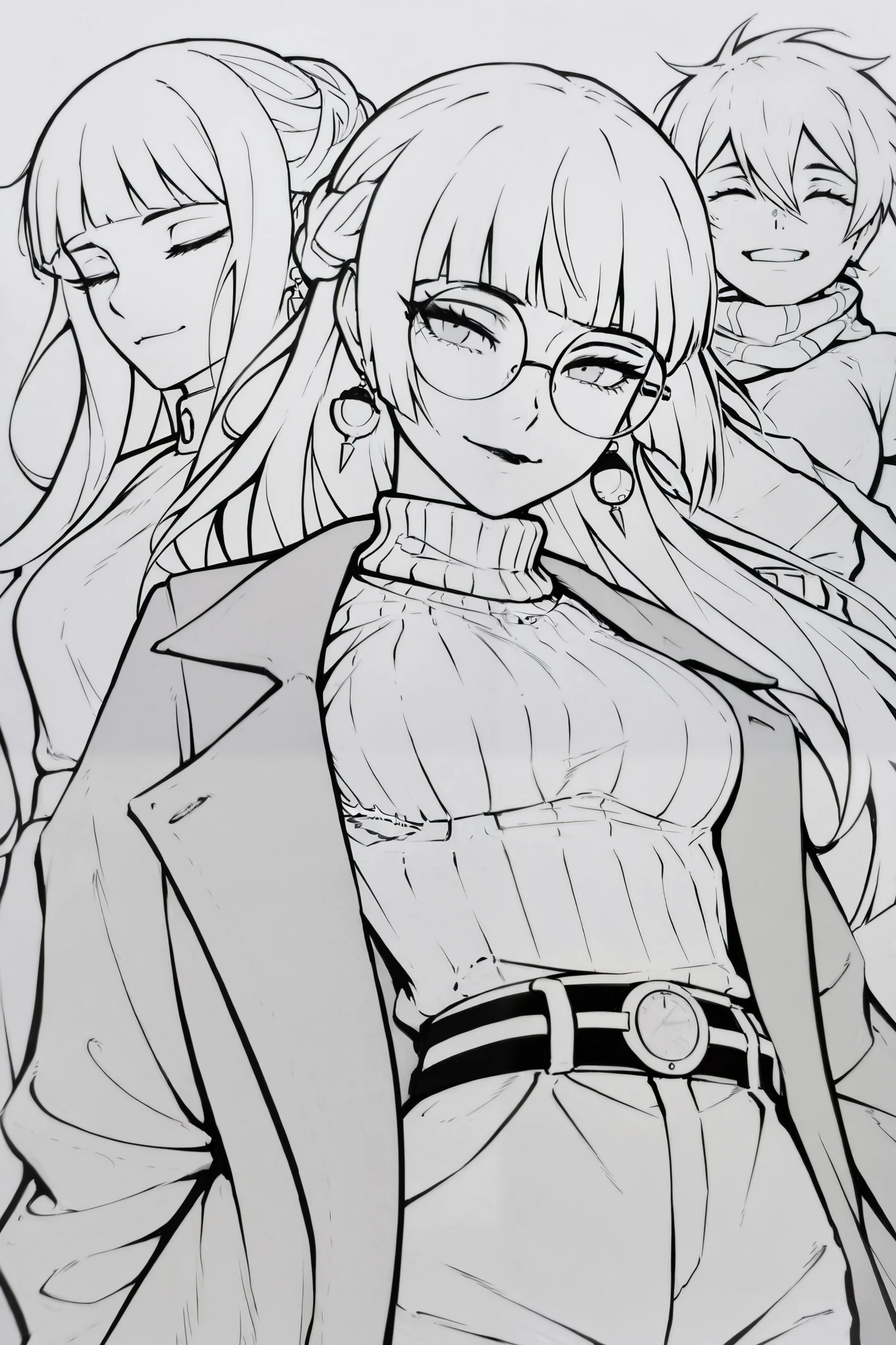 score_9, score_8_up, score_7_up, score_6_up, score_5_up, score_4_up,
BREAK
(masterpiece: 1.0), best quality, perfect anatomy, perfect composition, perfection, 4k resolution, absurdres, very aesthetic, professional artwork, absolutely beautiful, greyscale, lineart, monochrome
BREAK
1girl, round glasses, white hair, long eyelashes, long hair, braid, blunt bangs, Cute, black lips, grey eyes, medium breasts, earrings, closed eyes, happy smile, overcoat, beautiful watch, belt, white dress pants, sweater, stripped scarf.