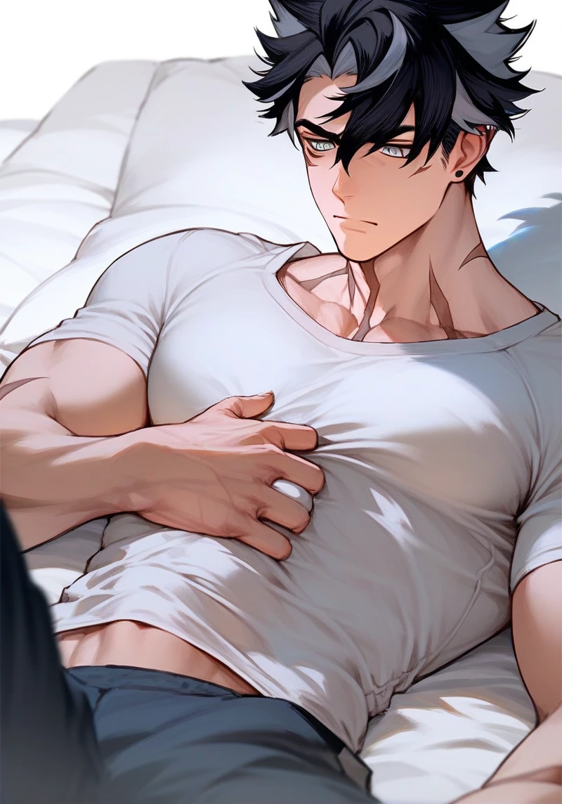 a close up of a person with a shirt on and a shirt on, handsome anime pose, anime handsome man, handsome japanese demon boy, sui ishida art manga, muscular!!, tall anime guy with blue eyes, man, boy, sex, He is feeling flushed, ikemen, missionary position sex, he is sexy, nsfw, aroused during sex, hot