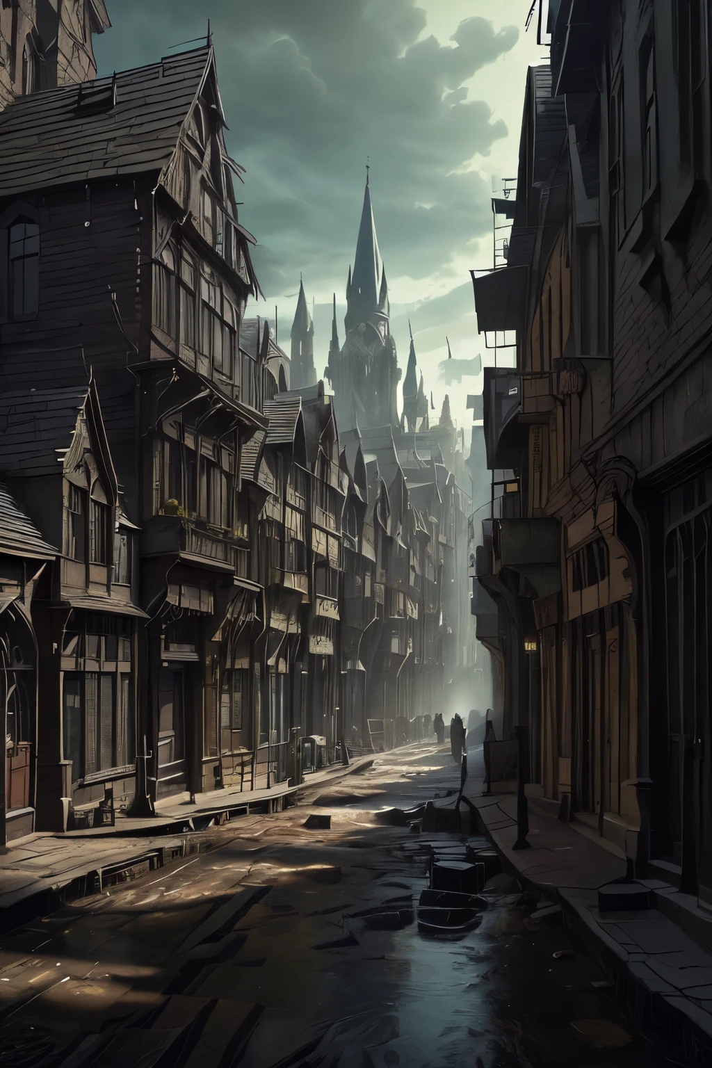 ((best quality)), ((masterpiece)), extremely detailed, delicate texture, aesthetic gothic collection, general term for (gothic architecture, art, fashion, literature, thought, style, and culture), gothichorrorai, (sinister), (dark), (gloomy), ((Victorian era)), ((gothic architecture)), ((street level)), ((pedestrian perspective)), ((a street level view)) of ((a very narrow and crowded alleyway)), ((a dense slum like residential area of a gothic city)), ((the dark underbelly of the city)), ((the city proper rises and looms over like a canopy)), ((a mixture of rickety wood building structures and an older more permanent stone city foundation)), ((wooden walkways criss-cross above)), (the buildings rise up out of view), (the street before us is extemely narrow with a trickle of water flowing down the centre of the street)