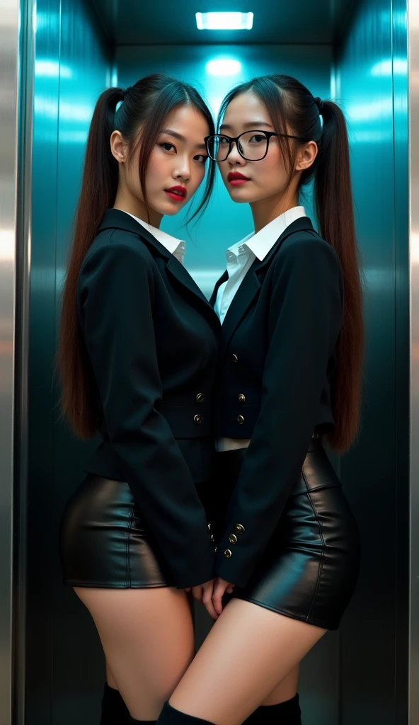 Two women are kissing through the glass of the train door. A woman inside of train is wearing white school uniform. The other woman outside of train is wearing navy blue school uniform. gigantic breasts, small waist, large butt, black thigh high stockings, full body shot. giga_busty