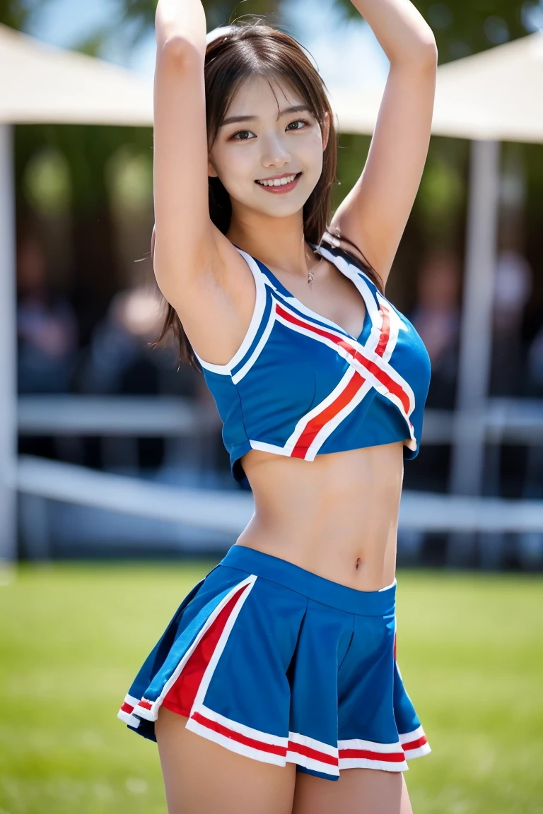 masterpiece、超High resolution、well done!、She has a very pretty face and is young like an idol.々I have a nice face.A 20-year-old Japanese girl with cute features、Gentle and cute、A kind smile、(((Lift up your skirt with both hands))),(((I can see her panties))),She is in school Cheerleading Team、Cheerleader uniforms are bikini style and expose cleavage.、Medium bust full body、RAW Photos、Genuine、High resolution、Life、No copyright notice