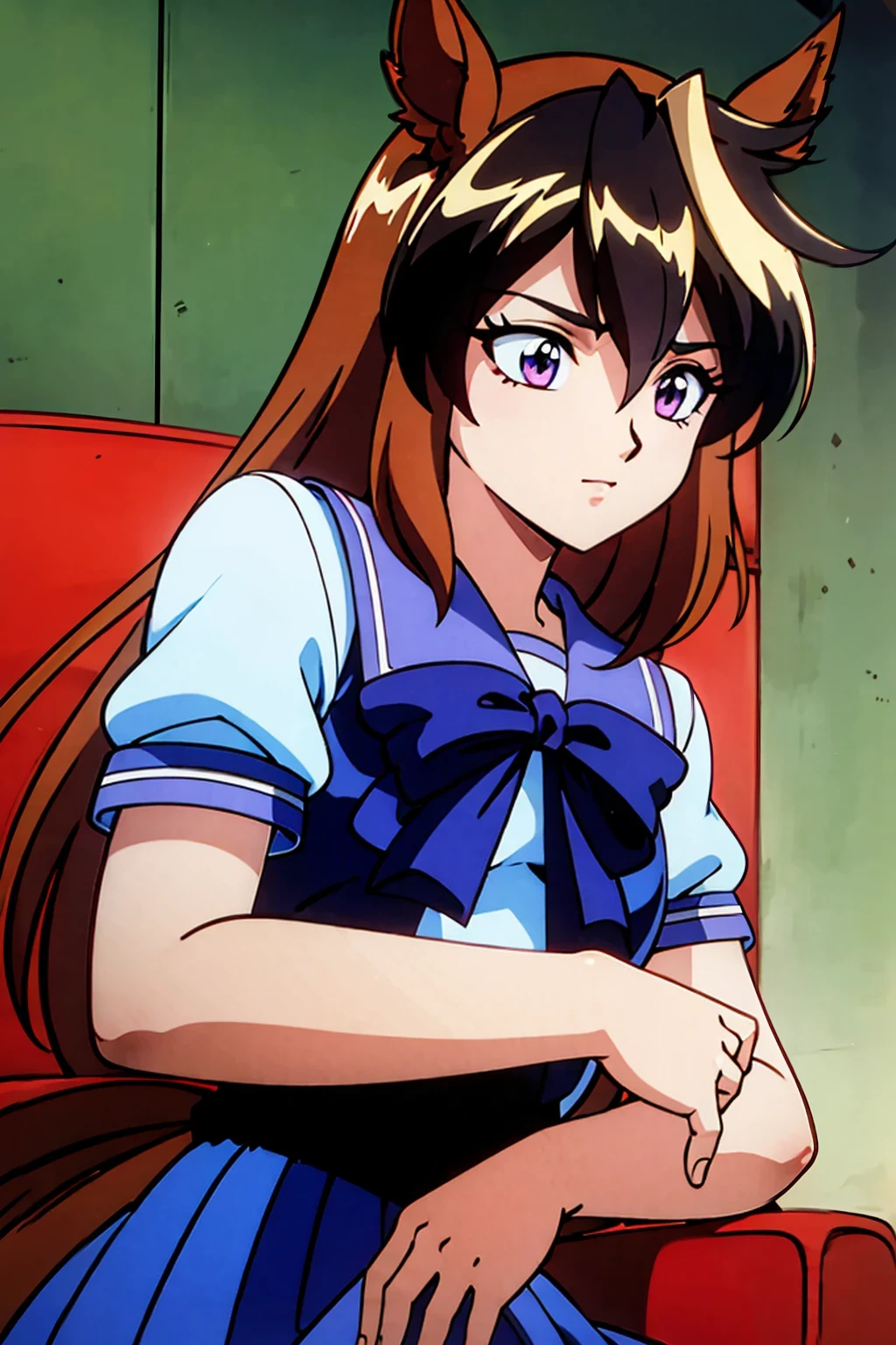 1 girl,(solo), ((amanogawaki)), (masterpiece:1.2), (high quality:1.0),looking at viewer, (Uniform), (ultra detailed), (Front View), (ashamed expression), Blushing, Adolescent, Headband, (Skirt Lift), (No Underwear), Vagina, (from below)