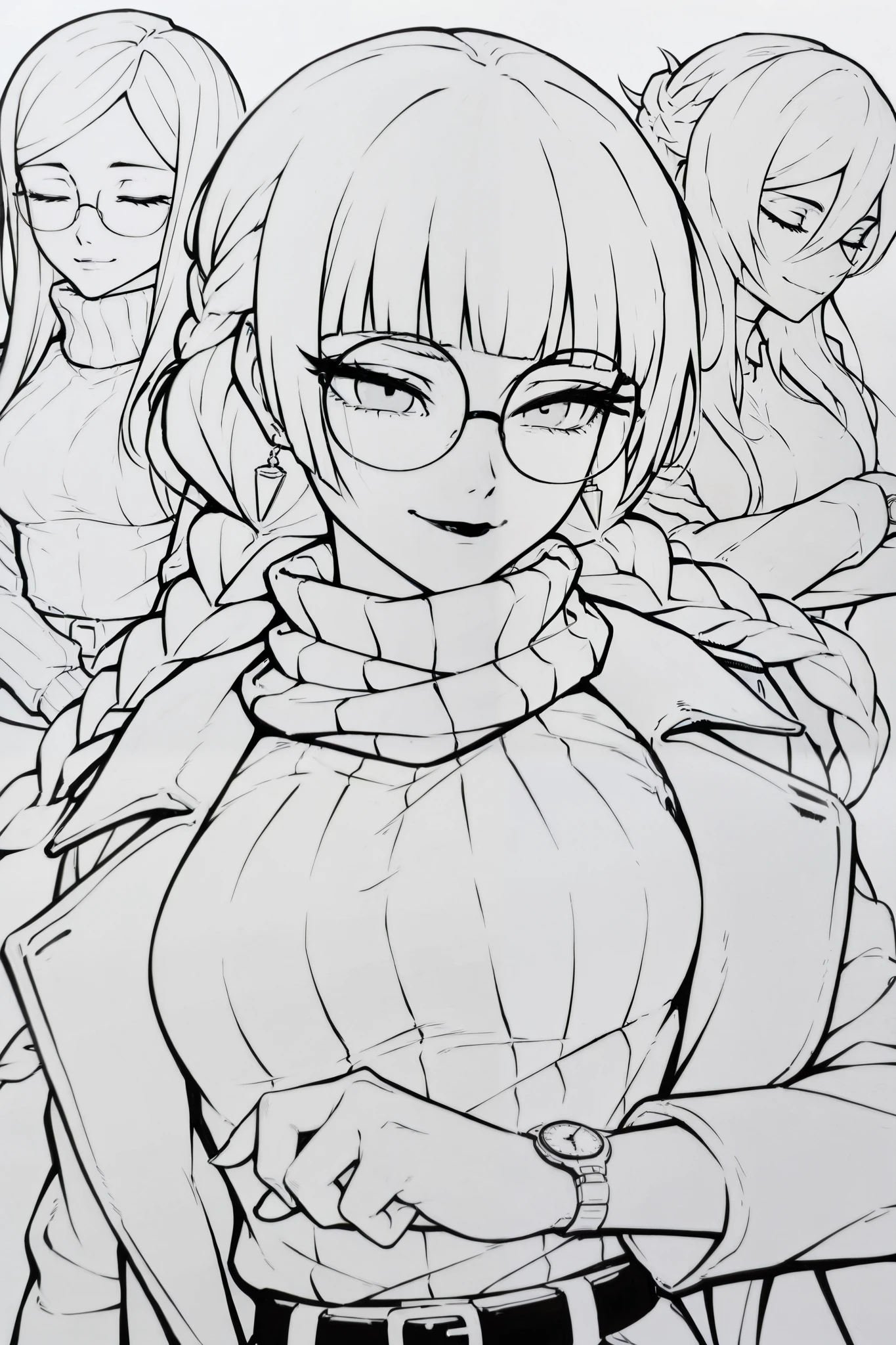 score_9, score_8_up, score_7_up, score_6_up, score_5_up, score_4_up,
BREAK
(masterpiece: 1.0), best quality, perfect anatomy, perfect composition, perfection, 4k resolution, absurdres, very aesthetic, professional artwork, absolutely beautiful, greyscale, lineart, monochrome
BREAK
1girl, round glasses, white hair, long eyelashes, long hair, braid, blunt bangs, black lips, grey eyes, medium breasts, earrings, closed eyes, happy smile, overcoat, watch,  belt,  sweater, stripped scarf. 