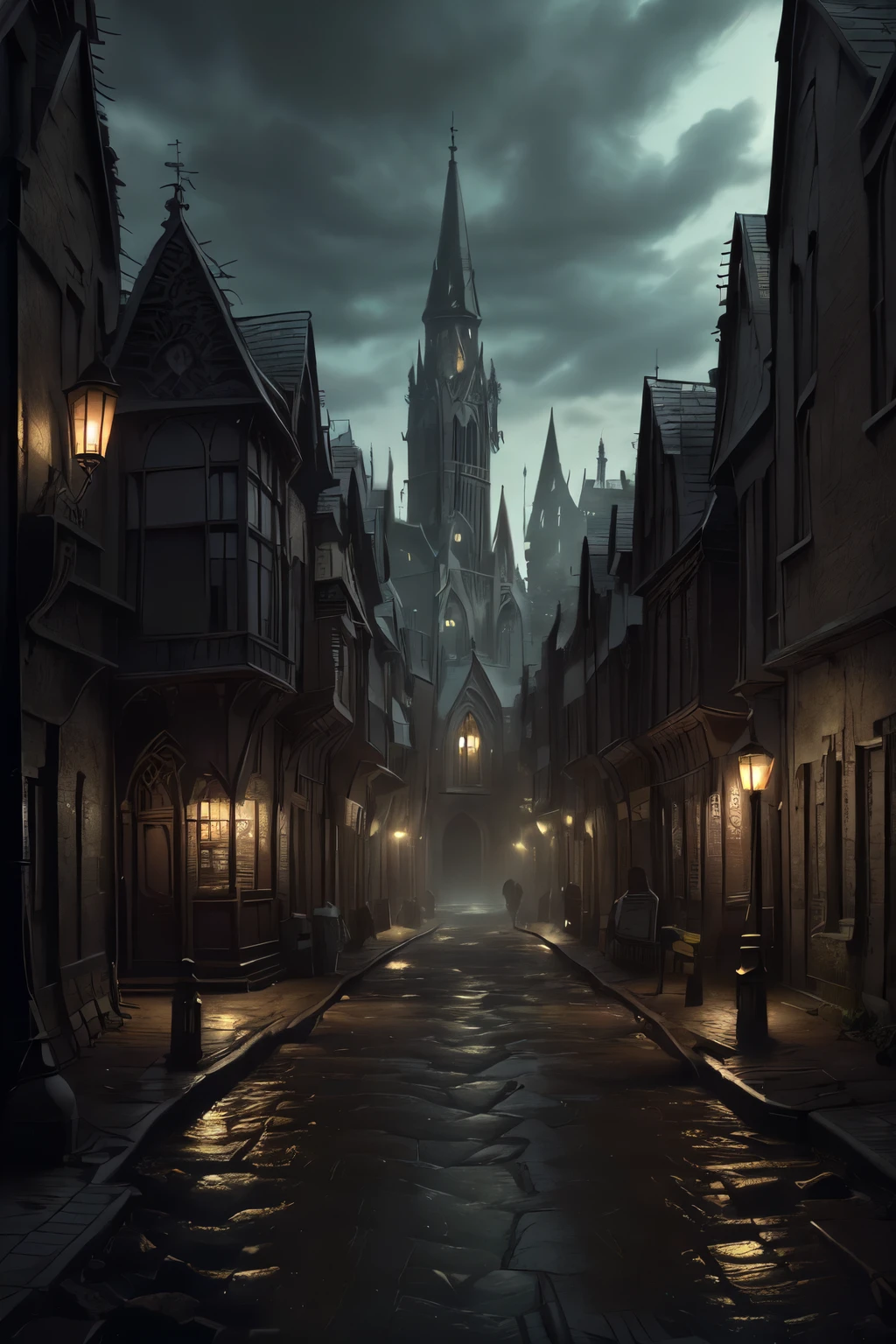 ((best quality)), ((masterpiece)), extremely detailed, delicate texture, aesthetic gothic collection, general term for (gothic architecture, art, fashion, literature, thought, style, and culture), gothichorrorai, (sinister), (dark), (gloomy), ((Victorian era)), ((gothic architecture)), ((street level)), ((pedestrian perspective)), ((a street level view)) of ((a very narrow and crowded alleyway)), ((a dense slum like residential area of a gothic city)), ((the dark underbelly of the city)), ((the city proper rises and looms over like a canopy)), ((a mixture of rickety wood building structures and an older more permanent stone city foundation)), ((wooden walkways criss-cross above)), (the buildings rise up out of view), (the street before us is extemely narrow with a trickle of water flowing down the centre of the street), ((very dark)), ((lit by candle lamps))