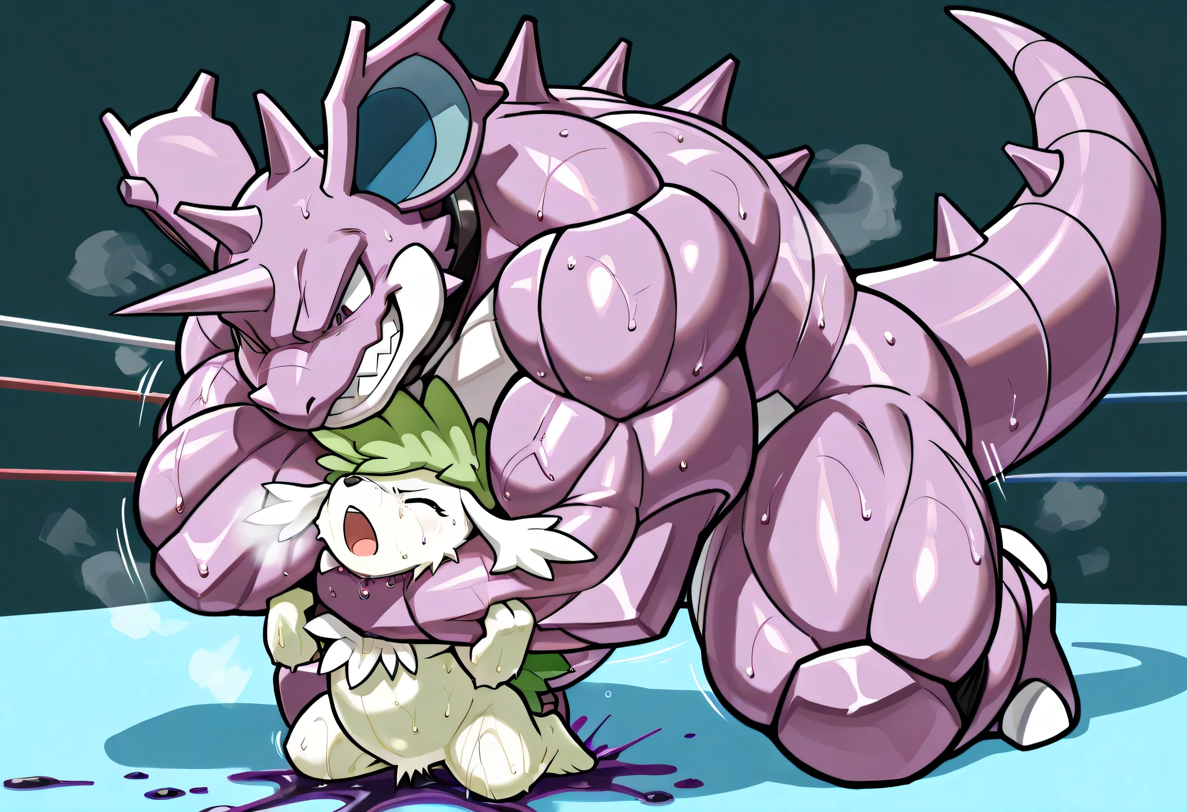 4k ultra quality, 4k full body view,masterpiece quality, large nidoking, small shaymin(sky forme), wrestling,Rear_Naked_Choke, choke_hold,(nidoking is giant bulky muscular, massive strong body, open eyes, evil grin, looking down, sweaty, steamy breath, poison body, thick arm, tighten arm, choking neck with arm, behind shaymin), (shaymin(sky forme) is very small build, young, pain, close eyes, open mouth, arched back, head between arm),motion blur, motion line, from below