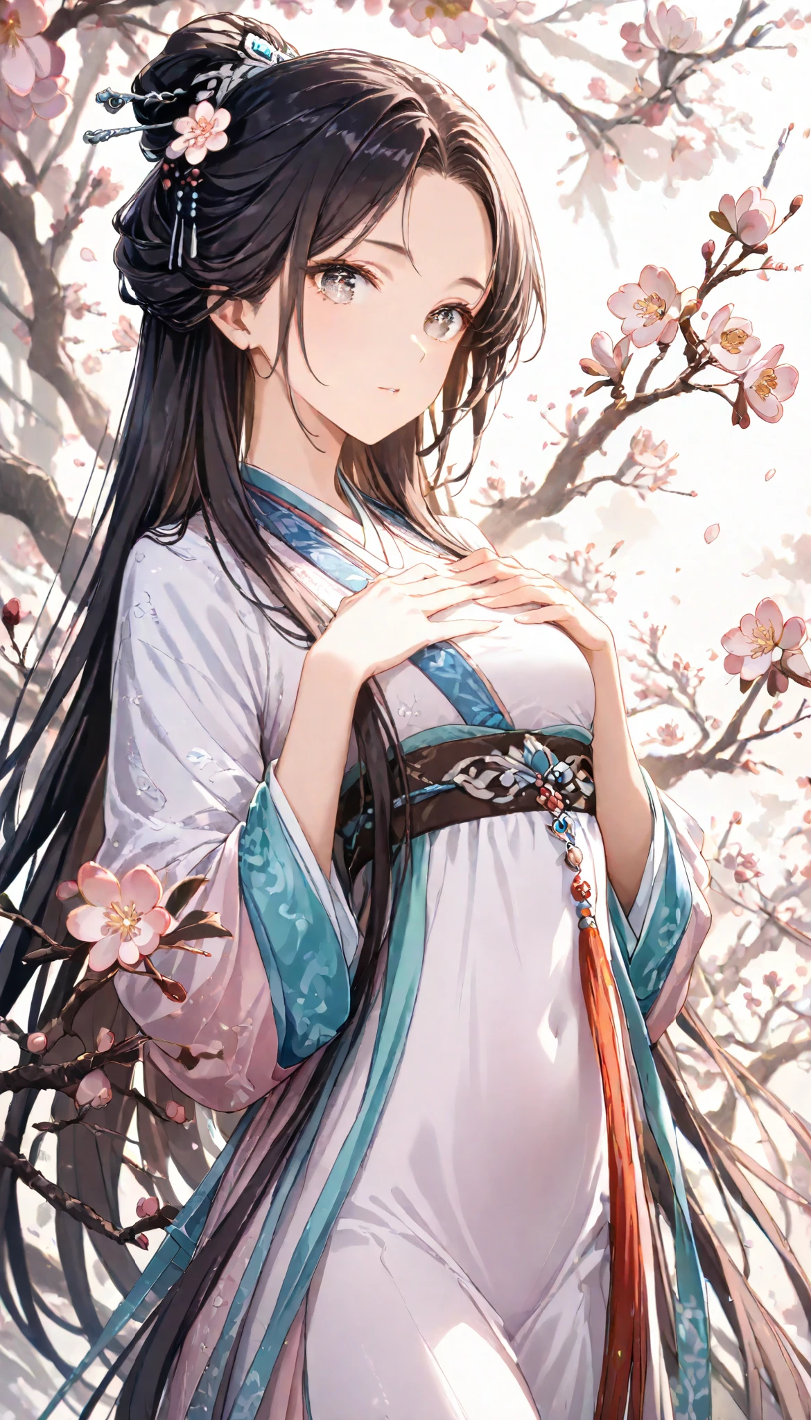 ((Best quality, 8k, Masterpiece: 1.3)), Sharp focus A beautiful woman with perfect body, Slim abdomen, Highly detailed face and skin texture, Detailed eyes, Traditional Chinese costume, hanfu, ancient Chinese princess, black hair, hair ornament studded with small jewels, slender body, hands on chest, ((With a blossoming plum tree in the background))