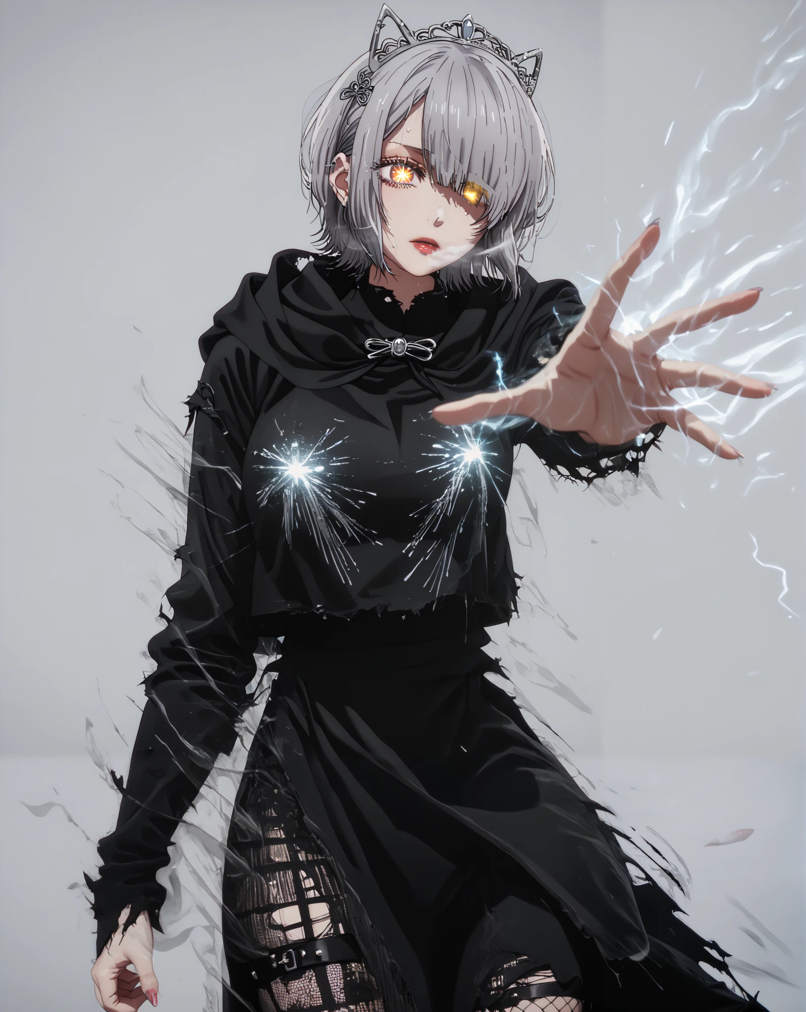 asura style, score_9, score_8_up, score_7_up, score_6_up, uncensored, chartreux westia, ((short hair)), bangs, yellow eyes, grey hair, hair over one eye, tiara, bright pupils, anime coloring, anime screencap, (voluptuous:1.3), (thick:1.3), BREAK UHD, retina, masterpiece, accurate, anatomically correct, textured skin, super detail, high details, high quality, award winning, best quality, highres, 4K, excessive sweating, sweating, sweating drop, (gasping, heavy breathing:1.3), (skindentation:1.2), perfect eyes, beautiful eyes, eyelashes, makeup, detailed body, perfect body, BREAK, (aura:1.4), solo, hood, 1girl, cloak, hood_up, glowing, torn_clothes, grey_background, simple background, particle, gothic, glowing eyes
