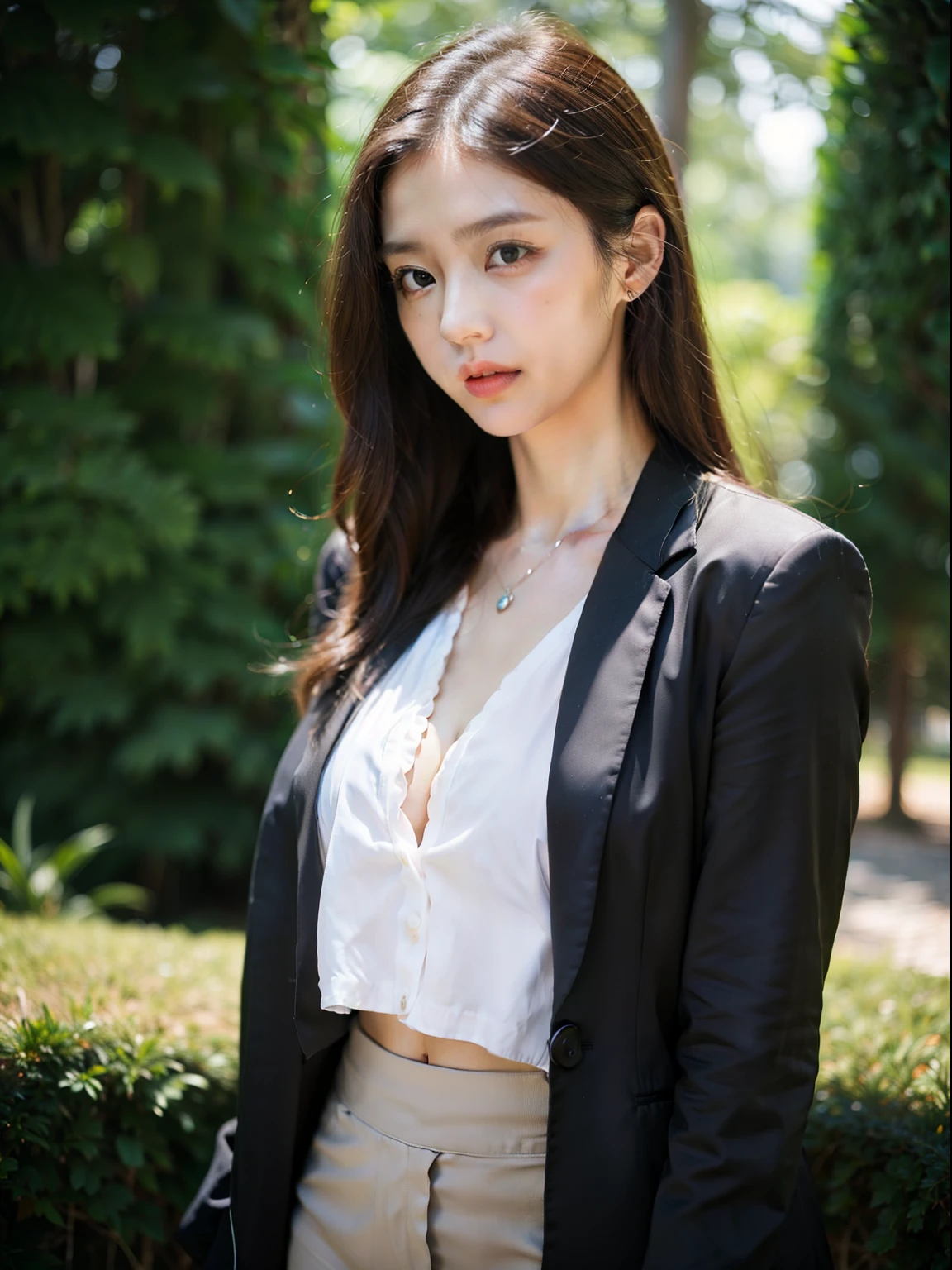 beautfull Japanease woman, top-quality, masterpiece, 1girl in, beautiful face, (photographrealistic:1.3), Rim lighting, (High Detail Skins:1.2), 8k UHD, Digital SLR, hightquality, hight resolution, 4K, 8k, bokeh dof, (realistic:1.3), Wearing a black formal blazer, ample breasts, a short skirt, (Transparent blouse:1.1),