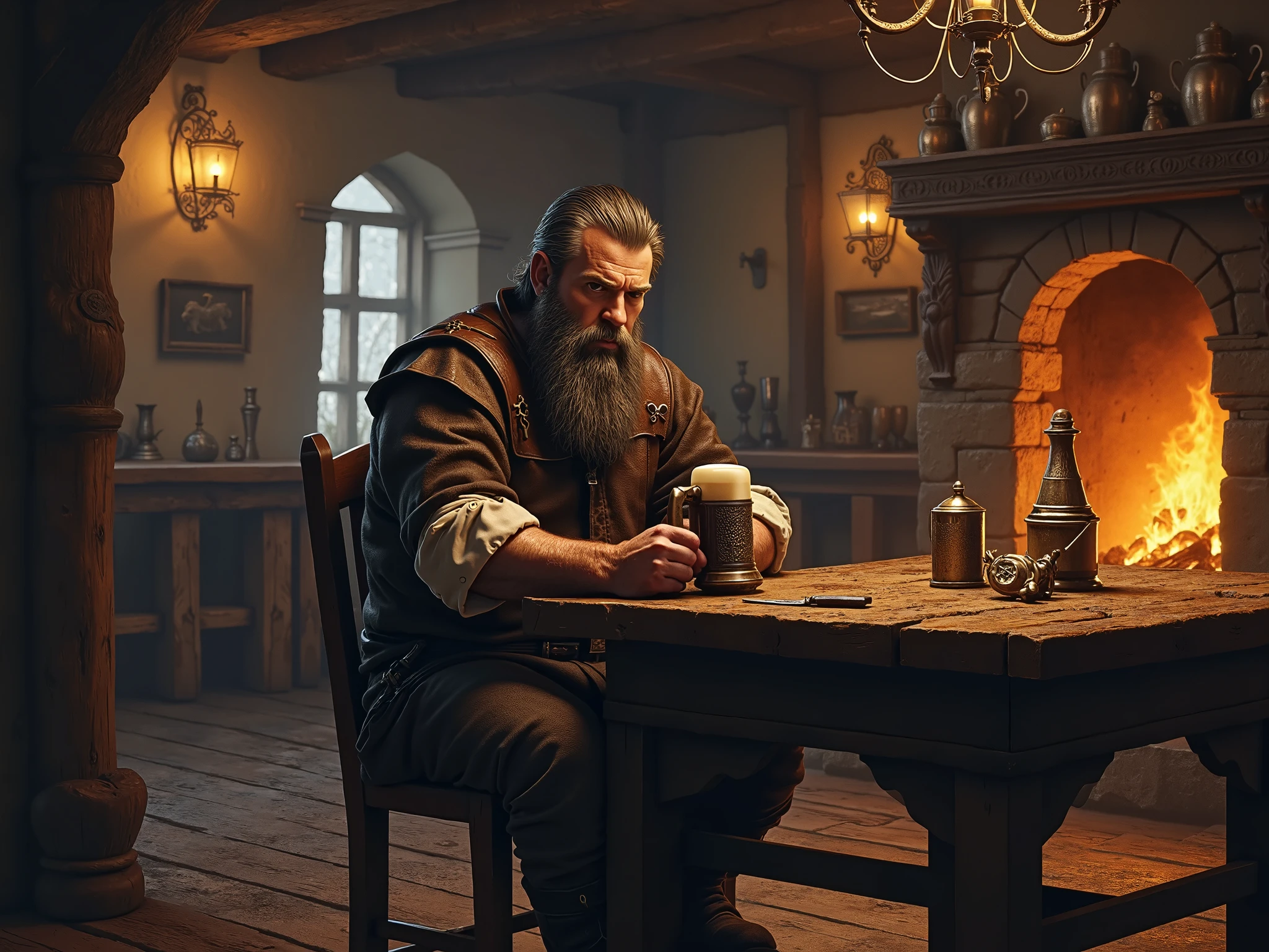 Man holding a glass of beer and a bowl of beer in front of a book, um Mago, alquimista masculino magro, Magos, um alquimista, bruxo ponderando seu orbe, Um gnomo alquimista, caleb from critical role, he is in a alchemist lab, science fantasy painting, assistente senta-se lendo em uma mesa, Retrato de um Mago, wizard casting a spell