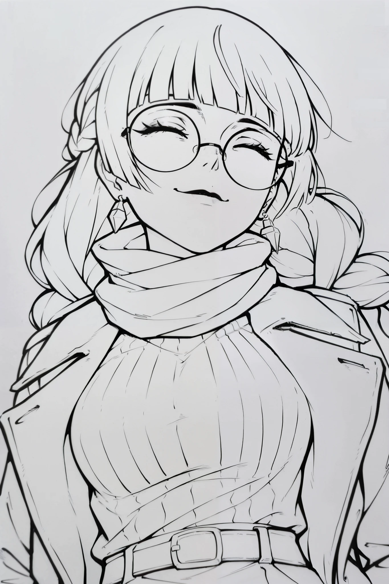 score_9, score_8_up, score_7_up, score_6_up, score_5_up, score_4_up,
BREAK
(masterpiece: 1.0), best quality, perfect anatomy, perfect composition, perfection, 4k resolution, absurdres, very aesthetic, professional artwork, absolutely beautiful, greyscale, lineart, monochrome
BREAK
solo, 1girl, round glasses, white hair, long eyelashes, long hair, braid, blunt bangs, black lips, grey eyes, medium breasts, earrings, closed eyes, happy smile, overcoat, watch,  belt,  sweater, stripped scarf. 