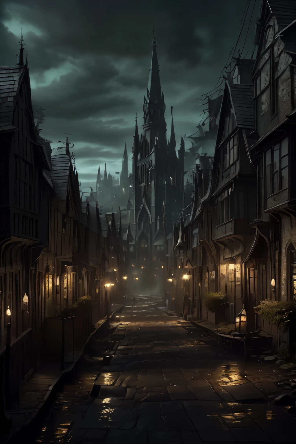 ((best quality)), ((masterpiece)), extremely detailed, delicate texture, aesthetic gothic collection, general term for (gothic architecture, art, fashion, literature, thought, style, and culture), gothichorrorai, (sinister), (dark), (gloomy), ((Victorian era)), ((gothic architecture)), ((street level)), ((pedestrian perspective)), ((a street level view)) of ((a very narrow and crowded alleyway)), ((a dense slum like residential area of a gothic city)), ((the dark underbelly of the city)), ((the city proper rises and looms over like a canopy)), ((a mixture of rickety wood building structures and an older more permanent stone city foundation)), ((wooden walkways criss-cross above)), (the buildings rise up out of view), (the street before us is extemely narrow with a trickle of water flowing down the centre of the street), ((very dark)), ((lit by candle lamps))