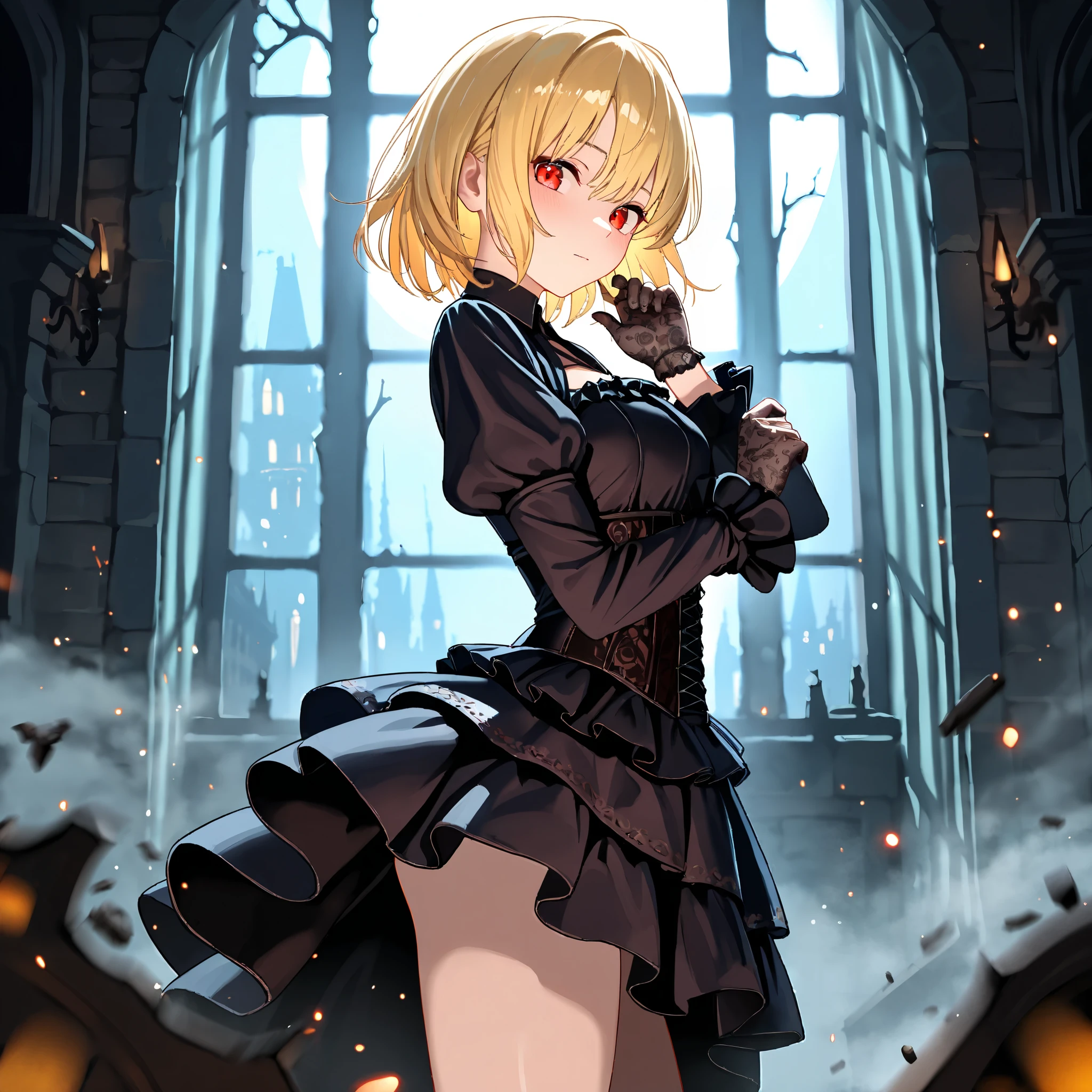 (masterpiece, best quality:1.2), (8K),  (detailed background:1.2), (Ultra-detailed:1.2), (intricately detailed:1.2), (High Definition:1.3), (Top-Tier  Photography:1.2), (very aesthetic:1.2), (absurdres:1.2), (sharp focus), (depth of field:1.2), (ghostly presence:1.2), BREAK 1 girl, solo, small bust, slim waist, slim hips, Healthy Gaunt body, Honey Blonde, shining red eyes, (cute eyes:1.1), ornate gothic dress, corset dress,  high-neck blouse, black lace gloves,  side view, (looking back at the viewer:1.25), (motion blur:1.3), waist-up, BREAK abandoned castle interior, dust particles in the air, moonlight through windows, the character illuminated by moonlight, ethereal atmosphere, late night,