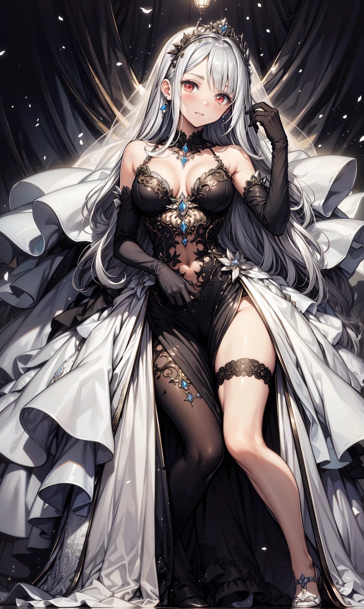 Queen, Arrogant, Tsundere, black knee length wedding dress ,Something sprinkled on it , black heels , white wedding headband , Silver Hair, red eyes, Girly Feeling , Lace gloves, Ripped Clothes , joke , whole body, lying on the table, Black Crown , earring, ring, cream