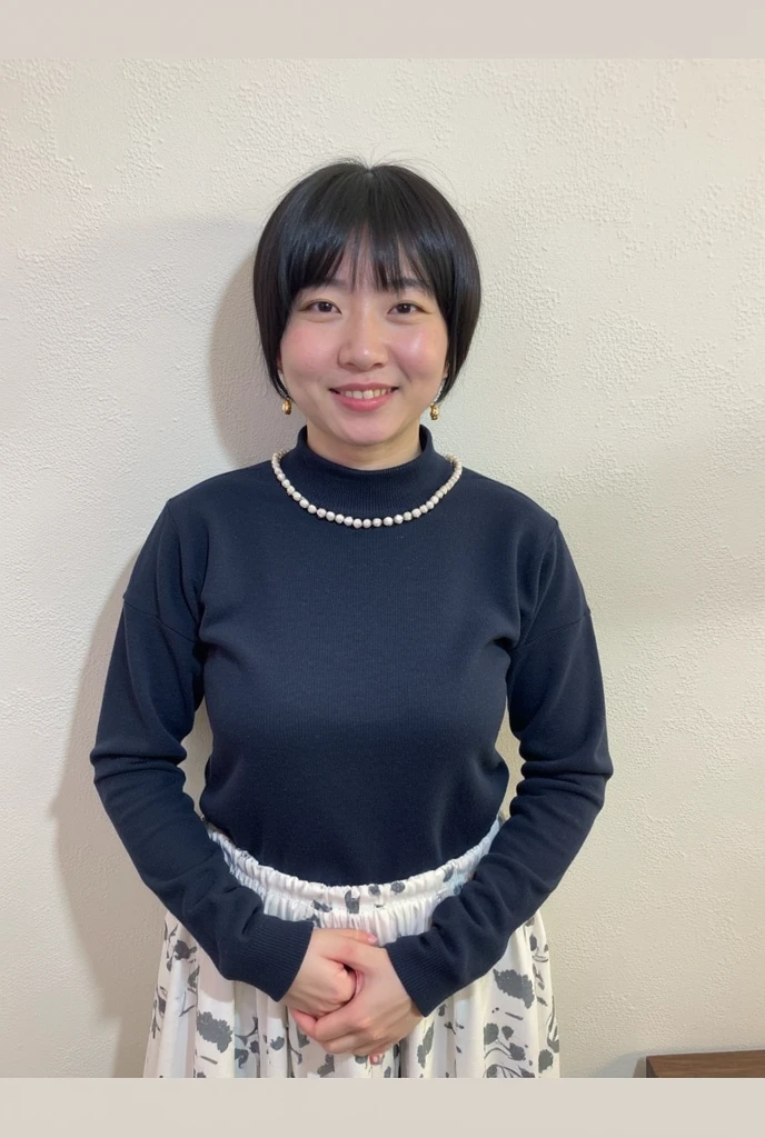 Autumn and winter feminine casual style portrait、japanese mature, (Solo), 40 years old, (Wrinkles at the corners of the eyes:1.2)、Autumn clothes、natural soft light、((I'm not looking at the camera))、((woman looking sideways))、(top-quality,masterpiece:1.3,超A high resolution,),(ultra-detailliert,Caustics),(Photorealsitic:1.4,RAW shooting,)Ultra-realistic capture,A highly detailed,high-definition16Kfor human skin、 Skin texture is natural、The skin looks healthy with an even tone、 Use natural light and color,One Woman,japanes、A dark-haired,Middle hair,(depth of fields、chromatic abberation、、Wide range of lighting、Natural Shading、)、(Photographed in front of a white wooden door and white wall)、Random Poses、Other shots、Medium hair、bob、Accessories include gold pendants and delicate rings、Autumn/winter feminine casual look hairstyle portrait、Styled with soft curtain bangs and loose, romantic curls