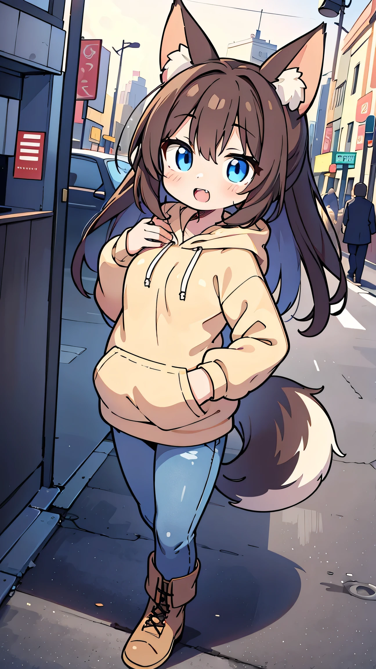  anime style、 fox ears、 brown hair、 woman、 blue eyes 、 double teeth、 beige hoodie、 jeans、 boots、