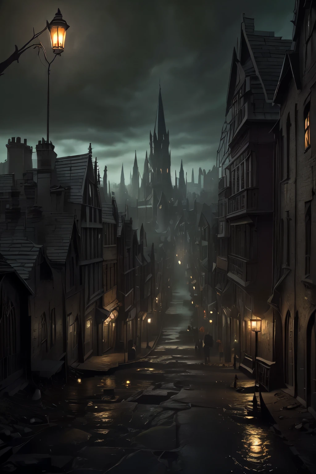 ((best quality)), ((masterpiece)), extremely detailed, delicate texture, aesthetic gothic collection, general term for (gothic architecture, art, fashion, literature, thought, style, and culture), gothichorrorai, (sinister), (dark), (gloomy), ((Victorian era)), ((gothic architecture)), ((street level)), ((pedestrian perspective)), ((a street level view)) of ((a very narrow and crowded alleyway)), ((a dense slum like residential area of a gothic city)), ((the dark underbelly of the city)), ((the city proper rises and looms over like a canopy)), ((a mixture of rickety wood building structures and an older more permanent stone city foundation)), ((wooden walkways criss-cross above)), (the buildings rise up out of view), (the street before us is extemely narrow with a trickle of water flowing down the centre of the street), ((very dark)), ((lit by candle lamps))