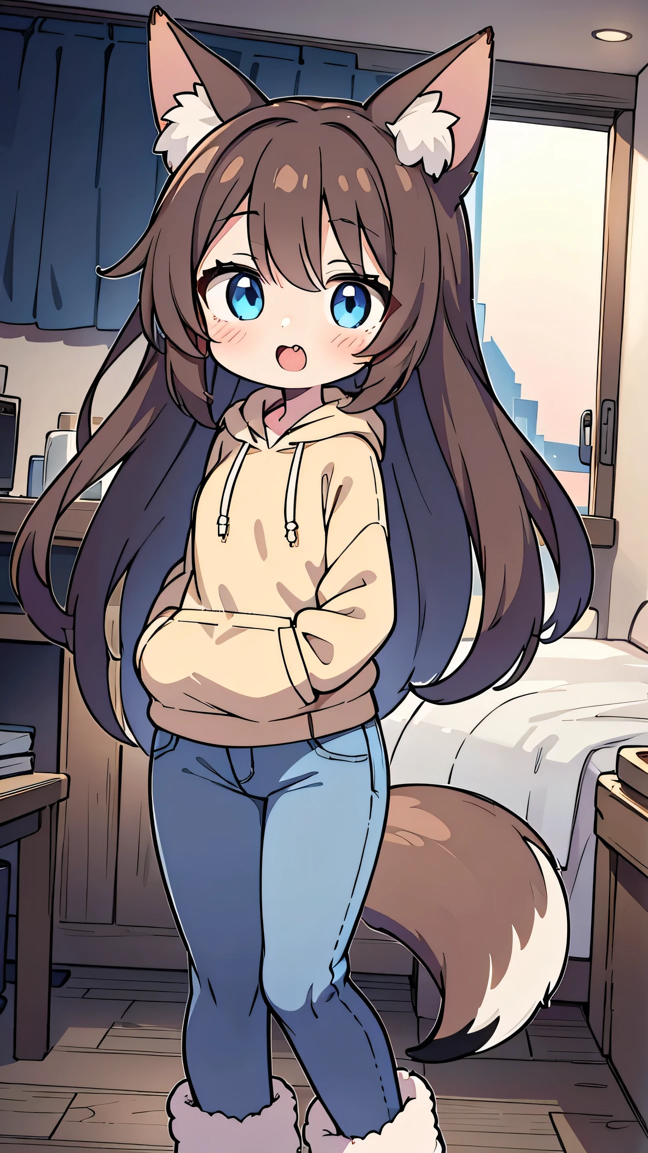  anime style、 fox ears、 brown hair、 woman、 blue eyes 、 double teeth、 beige hoodie、 jeans、 boots、