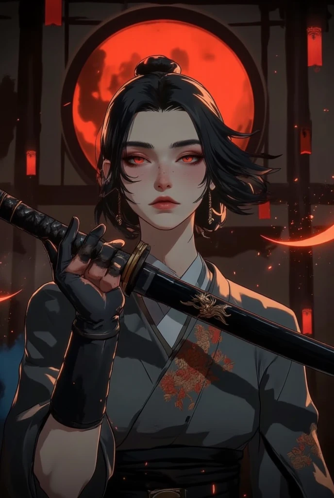 (masutepiece, Absurd quality, of the highest quality, Official art, Beautiful and aesthetic: 1.2), (One Woman: 1.4), Highly detailed, (Fractal Art: 1.3), Colorful, best detailed, Holding a female demon sword, (front facing::1.3), Action Painting Style, Dark grey and red, Andrzej Arranging, Anime, Dark and chaotic, hyper detailed illustration, Wandering eyes