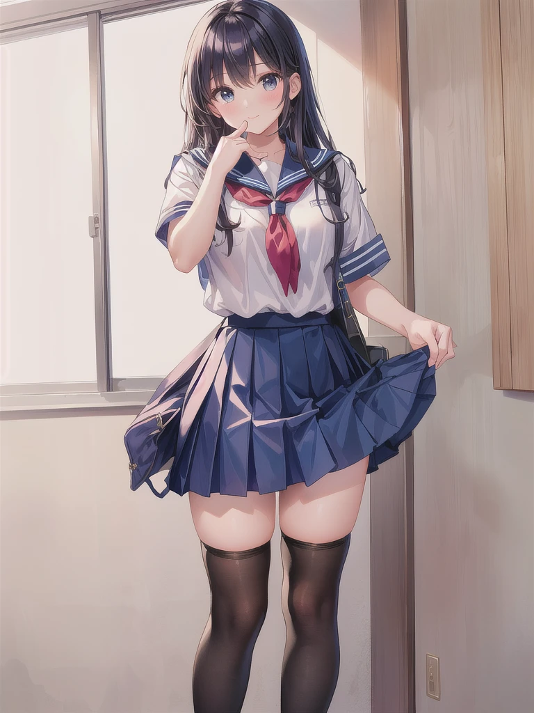 absurderes、​masterpiece、top-quality、realisitic、Hyper-detailing、(skin gloss、Sweatiness:1.4)、Looking at the camera、One Woman、独奏、(High School Uniform Shirts、High School Uniform Skirt、Long dark blue socks)、long、poneyTail、blue eyess、(Thigh:0.5)、动态照明、hight resolution、foco nítido、depth of fields、((small tits、very slender body、very slender legs)),,(red blush、Embarrassed look、)、(((Angle from the ground、The crotch of the panties is visible、s ass)))、(inside the house),