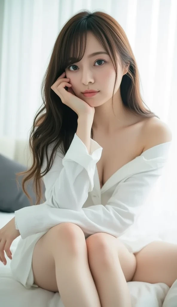 1girl in,Sitting on a cozy sofa,Soft light、Rim Lights、beautiful shadow、lowkey、(Photorealsitic、Raw foto:1.2)、(natural skin textures、realistic eyes and face details)、Hyper-Realism、超A high resolution、4K、top-quality、(cleavage of the breast:0.4)、The whole body is reflected、girl with、Overjacket、barechested、white walls、Leaning against the wall、no-makeup、