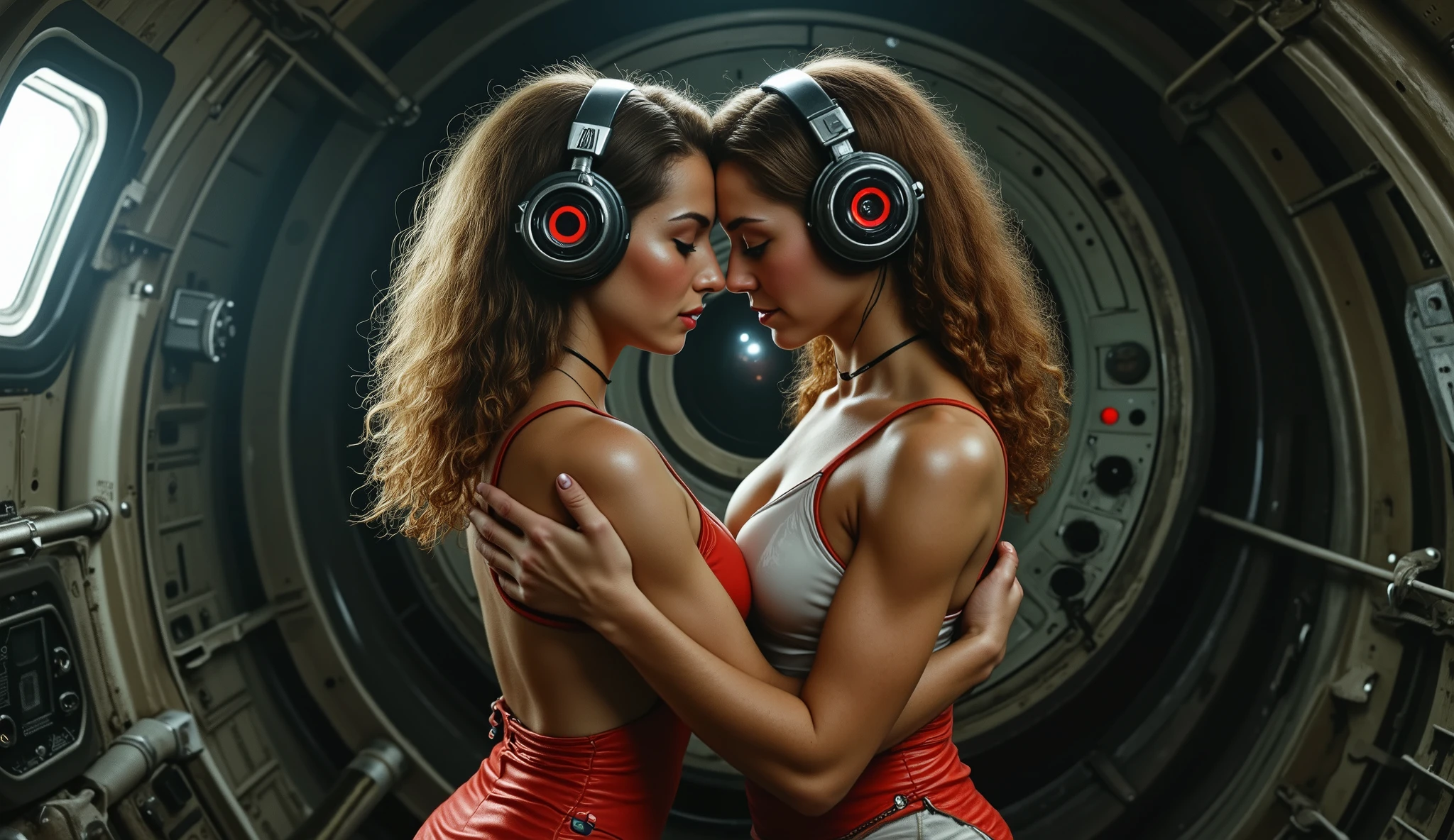 ( masterpiece, best_quality:1.2), 2 girls astronautas , extremely detailed and realistic female anatomy , 2 girls **Me kissing with passion , photorealistic , 8K, 16, Very detailed, bright colors , dramatic lighting , cinematic lighting , sensual, romantic, intimate, shiny skin, soft focus, shallow depth of field , beautiful eyes, lush lips, loose hair, elegant poses , Sexy and voluptuous bodies shaped like an hourglass (randomly colored curly hair), they wear a worn red and white astronaut suit , ( Chest size 100E ) connected to a futuristic machine , science fiction, tubes that leave their bodies , wearing technologically advanced headphones with neon lights, The spaceship Nostromo , behind them is dark and dreary , Wide shot, strange machines