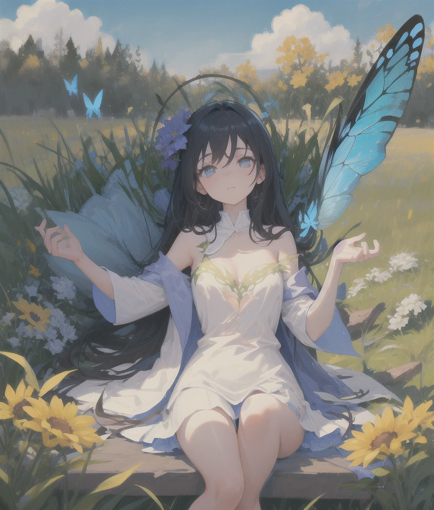 (1girl,20 years old),black hair,long hair,maid outfit,blush,blush,separated lips,lying,grassland, natural soft lighting, butterfly, bug, blue butterfly, blue flowers, red flowers, purple flowers, petals, beautiful, aesthetic, elegance, ethereal beauty, detailed, intricate details, absurdres, beautiful color, masterpiece, amazing quality, best quality, high quality, 4K, 8K, K, UHD,