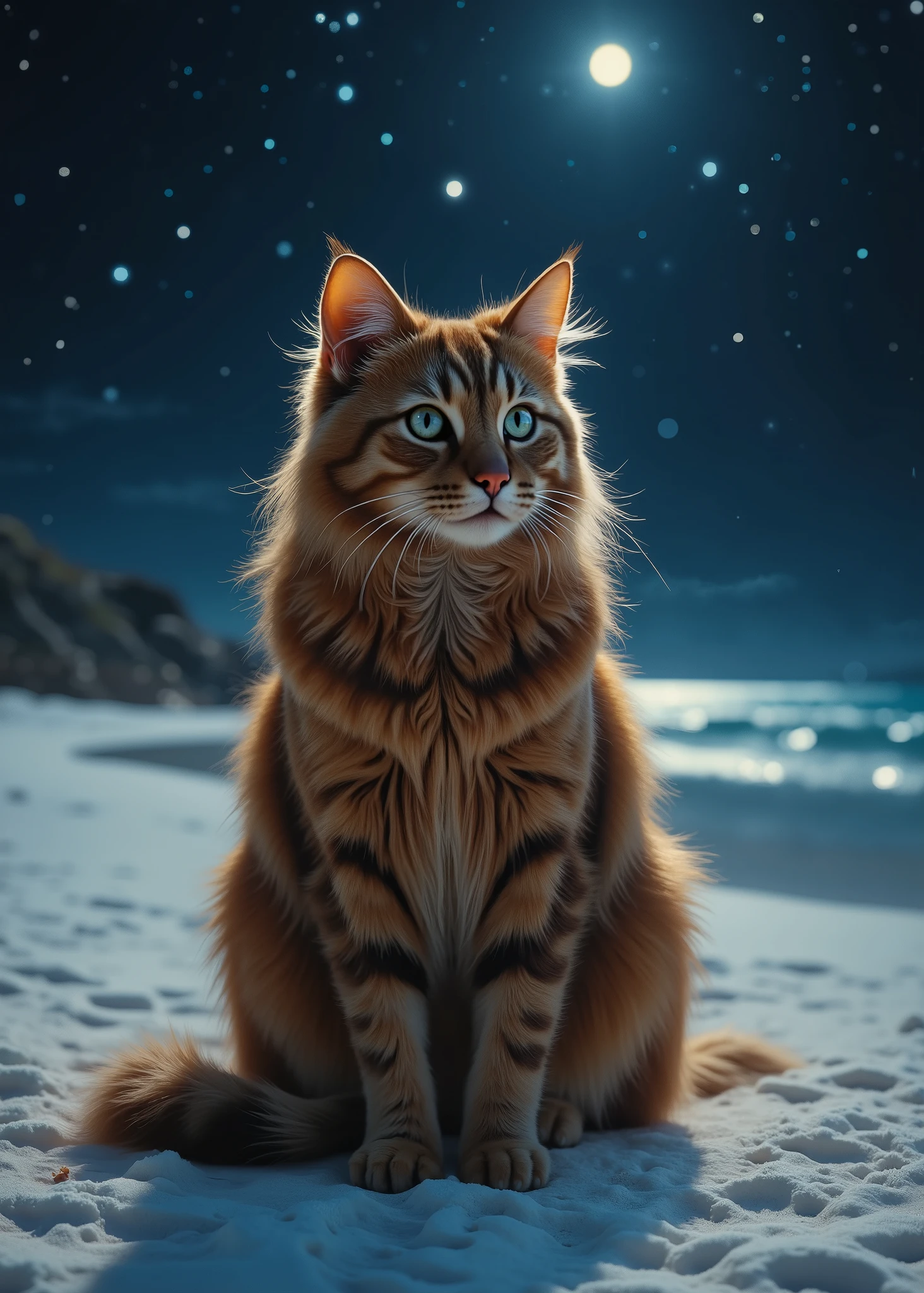 Realistic beautiful cat 、Beautiful brown coat 、Cat loaf、( full body photo)、 A Midsummer Night's Dream、 sitting on the white sands of calm waters as the moon sets、Stars full of stars in the sky 、 fairy tale