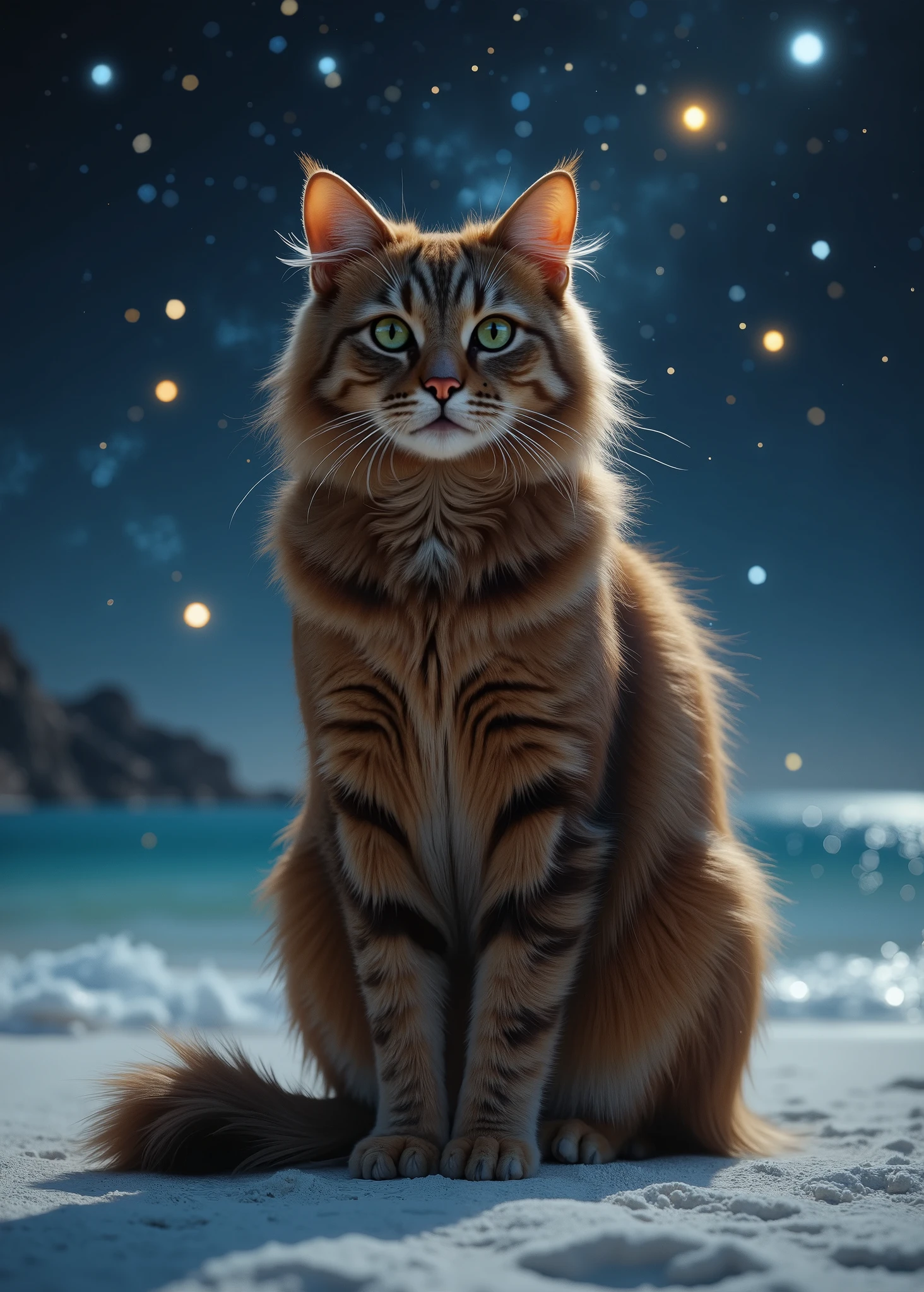 Realistic beautiful cat 、Beautiful brown coat 、Cat loaf、( full body photo)、 A Midsummer Night's Dream、 sitting on the white sands of calm waters as the moon sets、Stars full of stars in the sky 、 fairy tale