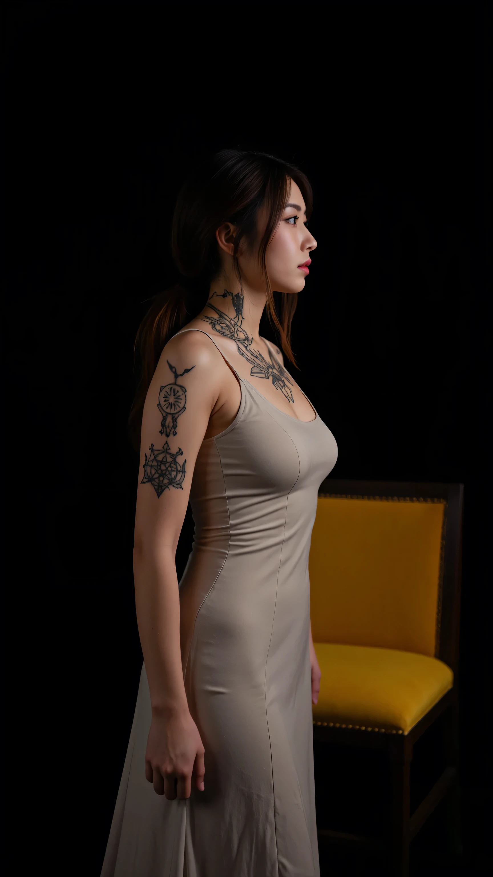 ((Top Quality, 8k, Masterpiece: 1.3)), (A beauty girl with tattoos on her arm and legs, beautiful tattoo art detailed), ( text tattoo on her legs: LOVE), detailed beautiful eyes, big breast, Beauty, 1 Girl, Big tit:1.3, Slender Abs: 1.1, Dark Brown Hair, (sit, Open Legs: 1.2), Ultra Detailed Face, Highly Detailed Lips, Detailed Eyes, Double Eyelids, , open your legs,No makeup, Near and far law, depth of fields, A hyper-realistic,(tight fit sarong dress)
