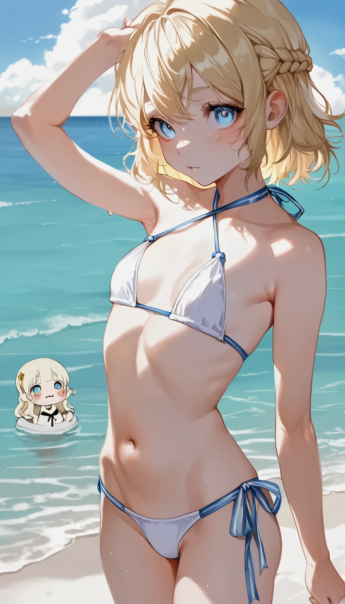 top quality 、 Masterpiece、 is present , face 、 Young Girl 、 cute girl、( white bikini with Alterne ), blondes, French Braid , ( sleeveless, beautiful, ribbon bikini: 1.2), ( This is a micro sling swimsuit ribbon。 : 1.2), ( Mike Bonsling is a swimsuit , Made of PVC), Outdoors、 White Sand Beach 、Blue Sea、Cumulonimbus