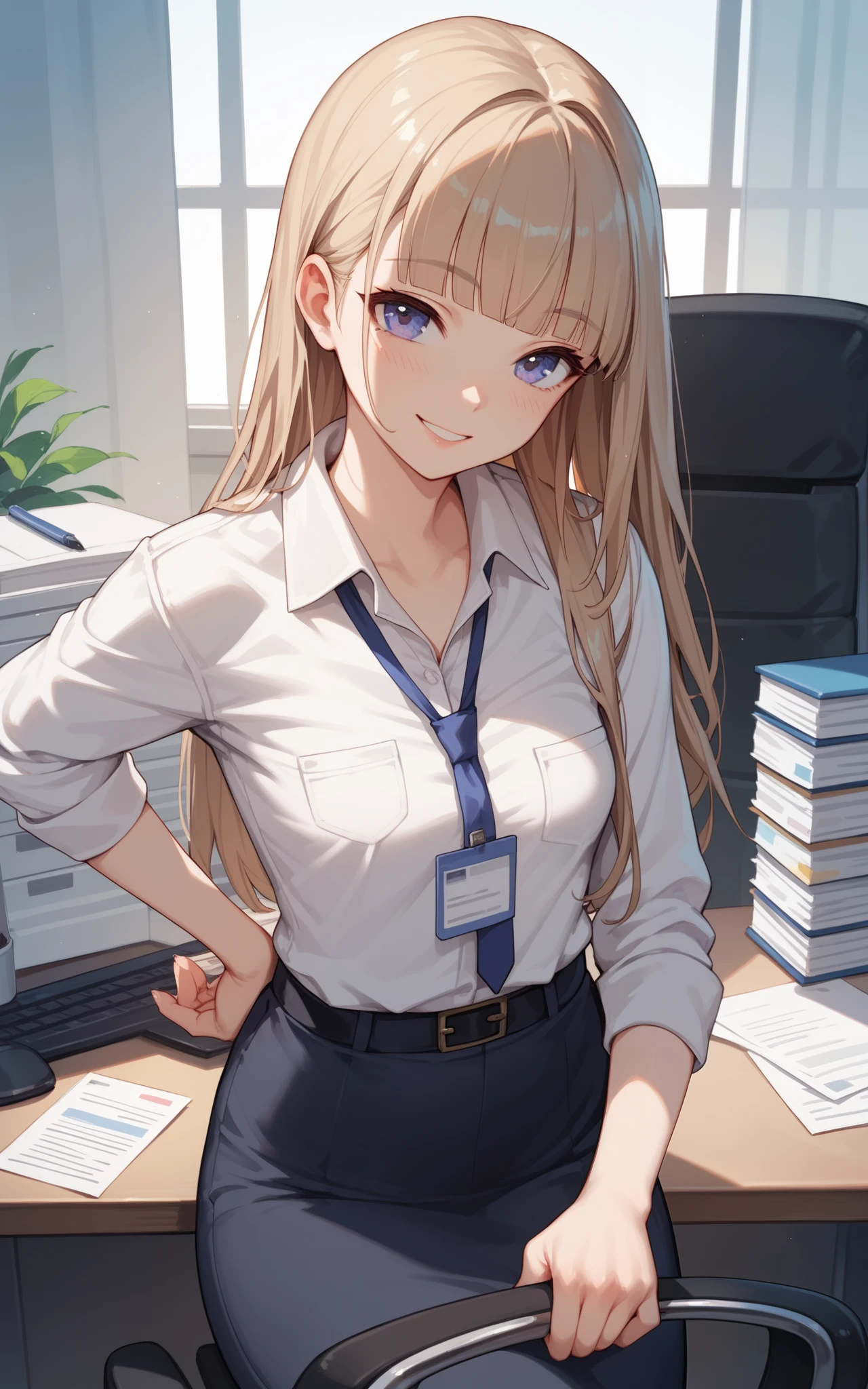 female, bronze hair, blunt bangs, himecut, long hair, Office, Office Worker, Smile, Small Breasts, anime, 