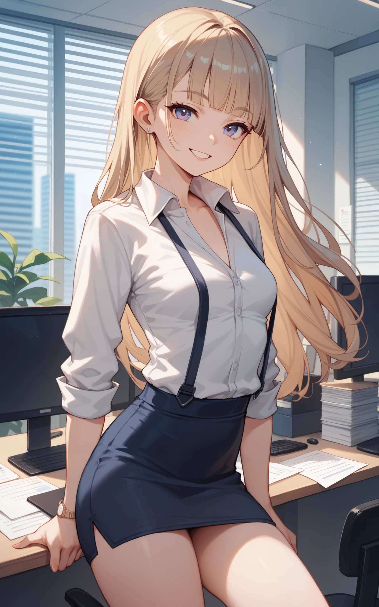 female, bronze hair, blunt bangs, himecut, long hair, Office, Office Worker, Smile, Small Breasts, anime, 