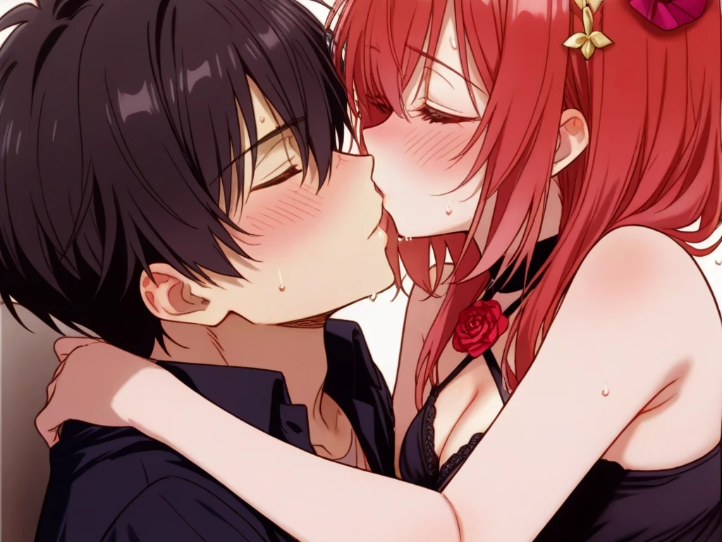 a red head girl sitting on her shoulder with her face in another girls face, 1girl, 1boy, red hair, twintails, breasts, hetero, gloves, elbow gloves, tongue, long hair, tongue out, large breasts, kiss, 1boy are crazy about kissing, 1girl's looking at viewer, masterpiece, incredibly absurd resolution, absolutely resolution, ultra high resolution, professional, vivid colors, perfect anatomy, ideal facial features, ideally proportioned figure, perfectly beautiful body, super detailed skin, glossy skin, glistening skin, 