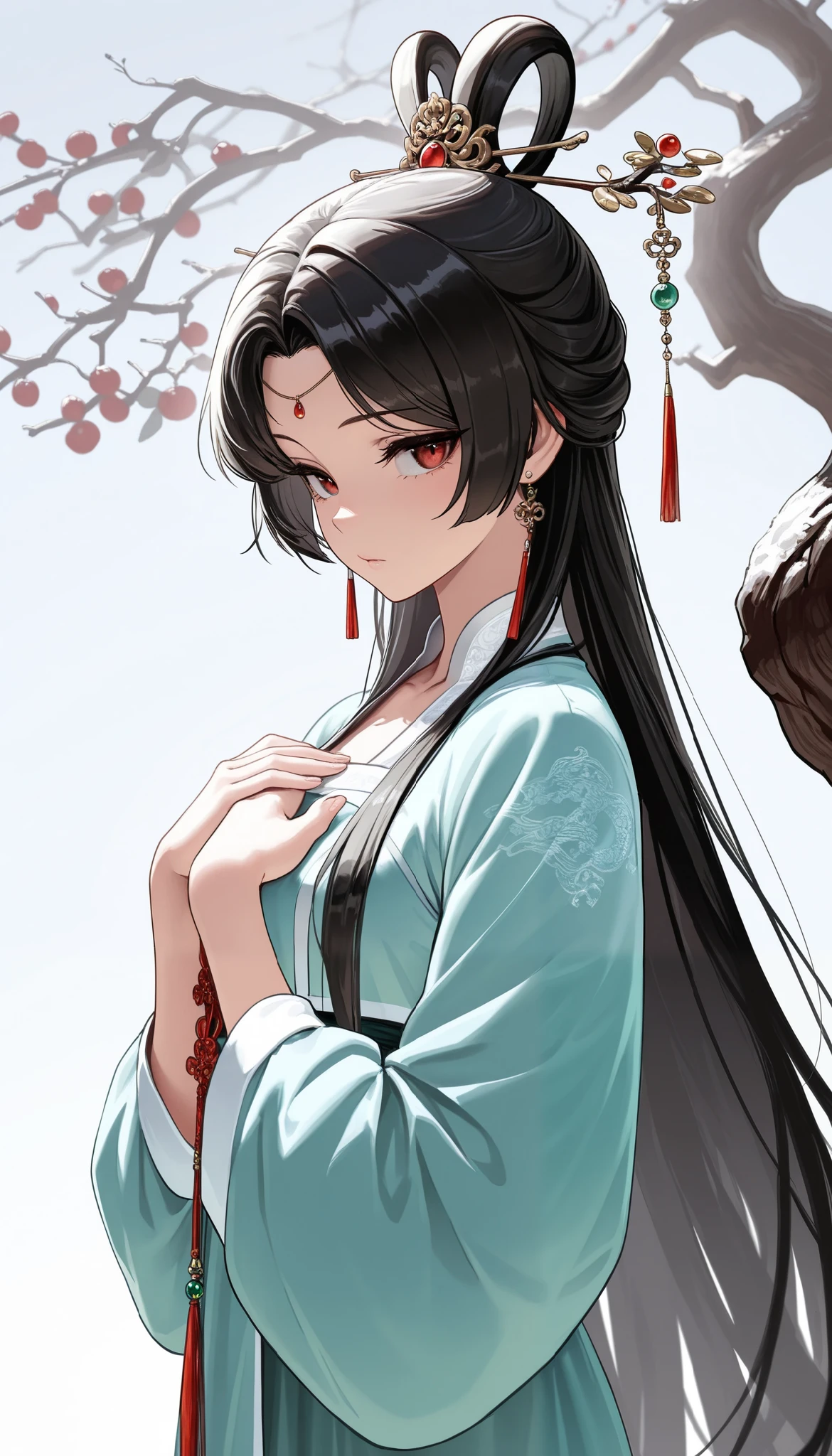 ((Best quality, 8k, Masterpiece: 1.3)), Sharp focus A beautiful woman with perfect body, Slim abdomen, Highly detailed face and skin texture, Detailed eyes, Traditional Chinese costume, hanfu, ancient Chinese princess, black hair, hair ornament studded with small jewels, slender body, hands on chest, ((With a blossoming plum tree in the background))