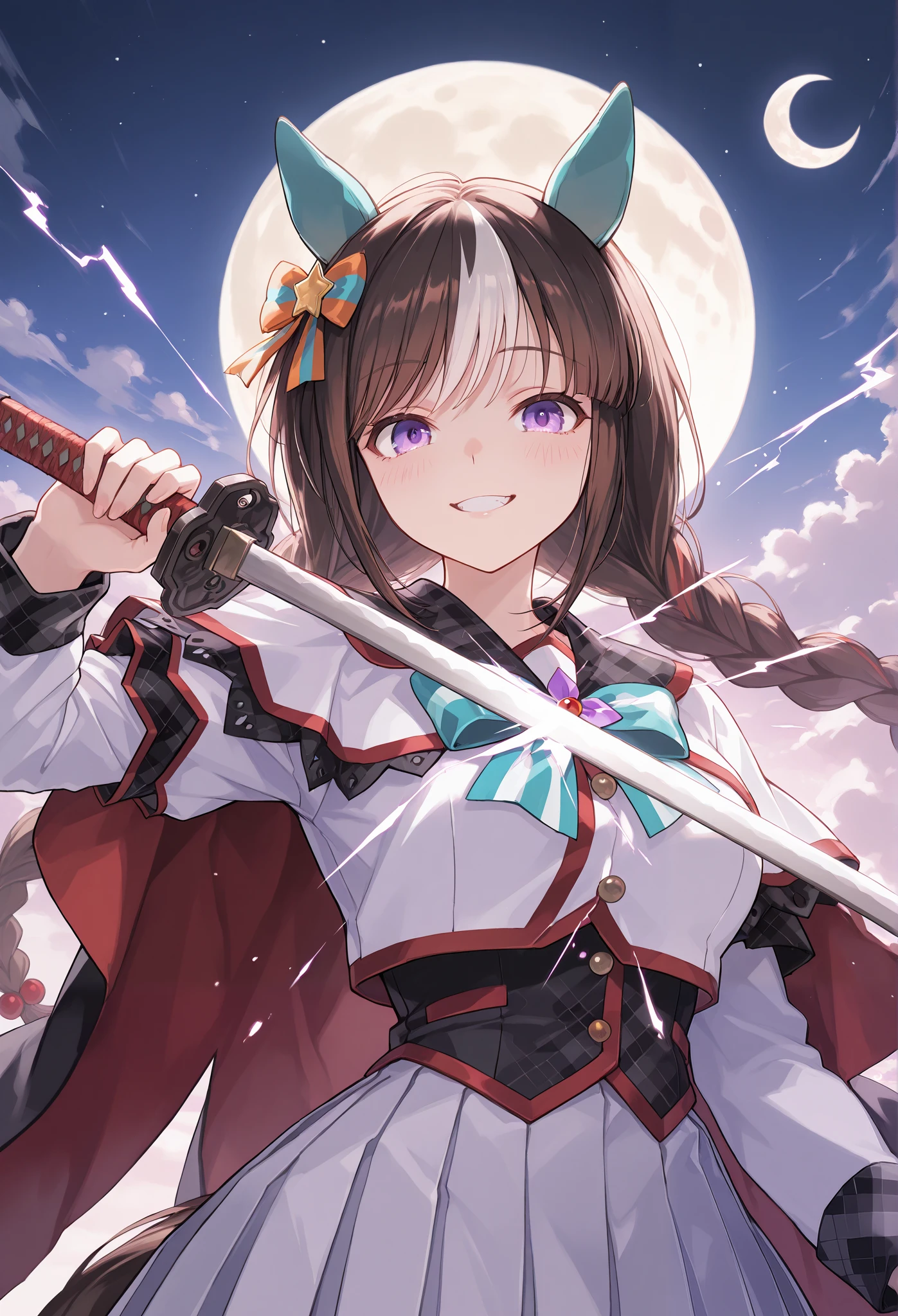 {{{Racecourse:1.6}}} {{{ 【 focuses on the upper body :1.5}}},( high resolution),( high resolution), (unity 8k wallpaper),( detailed image ), {{{Type Moon :1.7}}},((draw:1.5)), Hokko Tarumae\( Uma Musume\) ,{right },{ seductive smile } \( Uma Musume\),
,{{{ Crazy Smile :1.6}}},{{{Demon King :1.6}}}},{{ heavy cloak with collar }}},{{{ kimono:1.8}}}:{{{Oiran:1.5}}},{{{ Demon Horn :1.7}}},{{{ big Japanese sword}}},{Onigashima},{ Crescent Moon and Clouds },{ Attack with a Japanese sword } 「 Warrior attacking with a sword 」
「 swordsmen who hold up swords and launch attacks 」
「 swords where samurai have devil horns on their heads 」
「Ninja who slashes with sharp swords 」