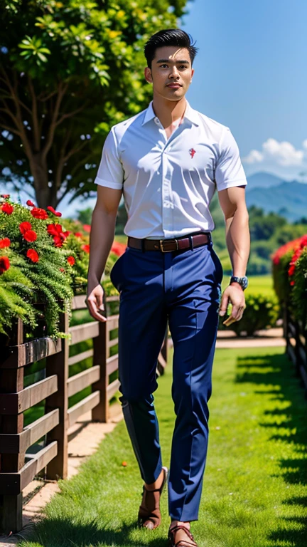 omniman2023, muscular, blue eyes, mustache, wearing a white polo, short sleeves, belt, pants, looking at viewer, smiling,
standing, hands on hips, outside, park, trees, autumn, blue sky, extreme detail, masterpiece,