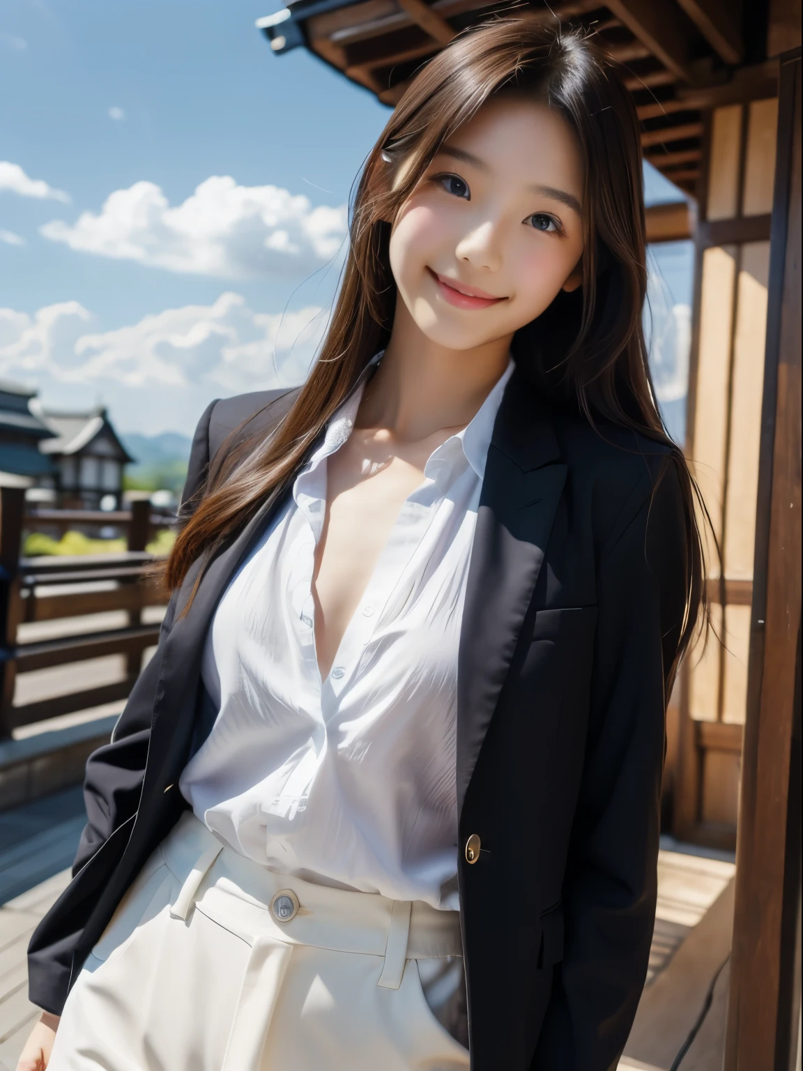 (masterpiece、High resolution、high quality)、(perfect woman、Realistic Japan)、(perfect anatomy、beautiful limbs、beautiful skin)、Fashion Model、double eyelid、flowing hair、Crystal clear black eyes、smile、blue sky、White cloud、sun、Fashionable shirts、blazer、cool pose、country road、