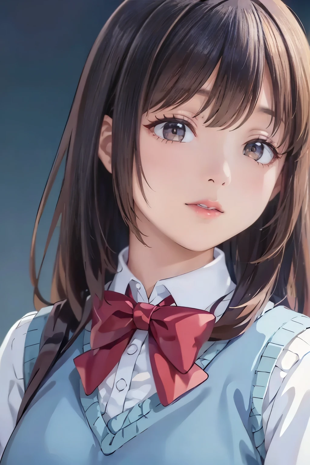 (masterpiece:1.2, highest quality), (realistic, photorealistic:1.4), beautiful illustrations, (natural side lighting, movie lighting), Depth of written boundary, (face focus, Upper body), 1 girl, high school girl, , perfect face, Cute face, random uniform, big tits, thin, beautiful clavicle, ((fine fabric texture, Brown knitted vest, short sleeve white collar shirt, navy pleated skirt, Navy bow tie)), (beautiful scenery), (smile, open your mouth), ((Embarrassed and red face(1.9)), (High Definition, Accurate, High Definition model, high detail, (((The textures are soft))), ((matte and toy-like with a handmade premium look)), (((Tim Burton style))), Dark,