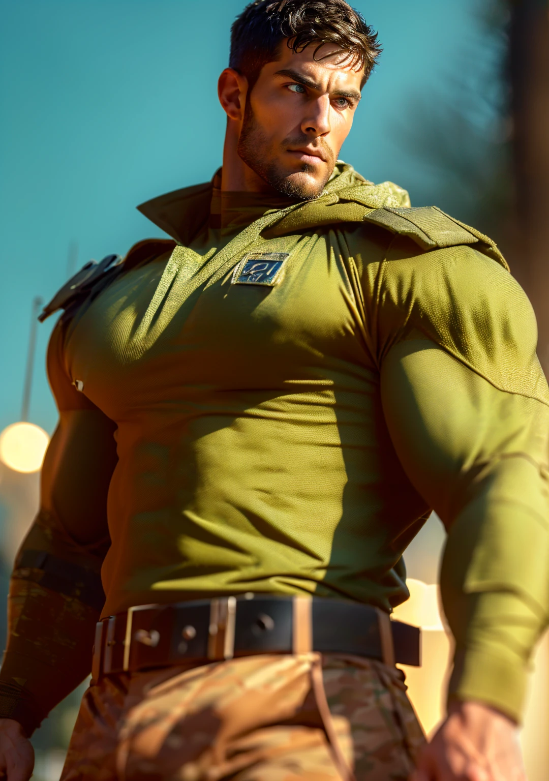 Solon,Green hair,vast pecs,Huge crotch bulge,bared chest,Straps and leather harness to hold the chest,tight leather pants,Indecent expressions,Indecent pose,Full body photo,in a panoramic view,k hd,high detal,tmasterpiece,NSFW