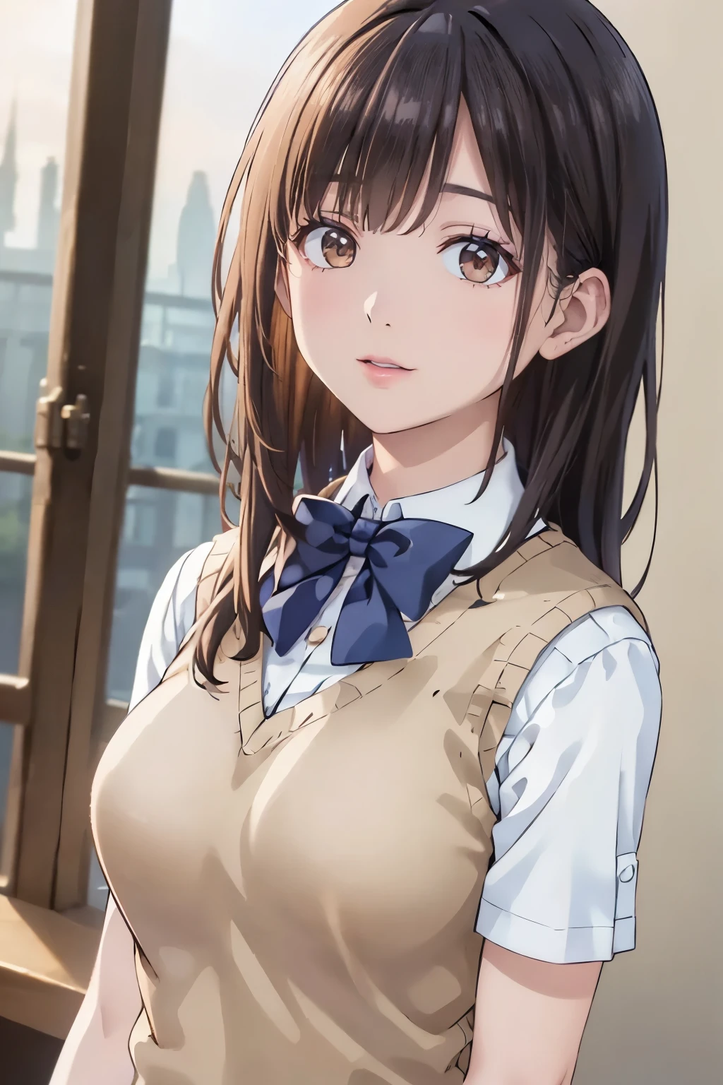 (masterpiece:1.2, highest quality), (realistic, photorealistic:1.4), beautiful illustrations, (natural side lighting, movie lighting), Depth of written boundary, (face focus, Upper body), 1 girl, high school girl, , perfect face, Cute face, random uniform, big tits, thin, beautiful clavicle, ((fine fabric texture, Brown knitted vest, short sleeve white collar shirt, navy pleated skirt, Navy bow tie)), (beautiful scenery), (smile, open your mouth), ((Embarrassed and red face(1.9)), (High Definition, Accurate, High Definition model, high detail, (((The textures are soft))), ((matte and toy-like with a handmade premium look)), (((Tim Burton style))), Dark,