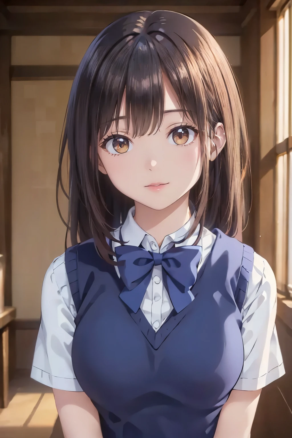 (masterpiece:1.2, highest quality), (realistic, photorealistic:1.4), beautiful illustrations, (natural side lighting, movie lighting), Depth of written boundary, (face focus, Upper body), 1 girl, high school girl, , perfect face, Cute face, random uniform, big tits, thin, beautiful clavicle, ((fine fabric texture, Brown knitted vest, short sleeve white collar shirt, navy pleated skirt, Navy bow tie)), (beautiful scenery), (smile, open your mouth), ((Embarrassed and red face(1.9)), (High Definition, Accurate, High Definition model, high detail, (((The textures are soft))), ((matte and toy-like with a handmade premium look)), (((Tim Burton style))), Dark,