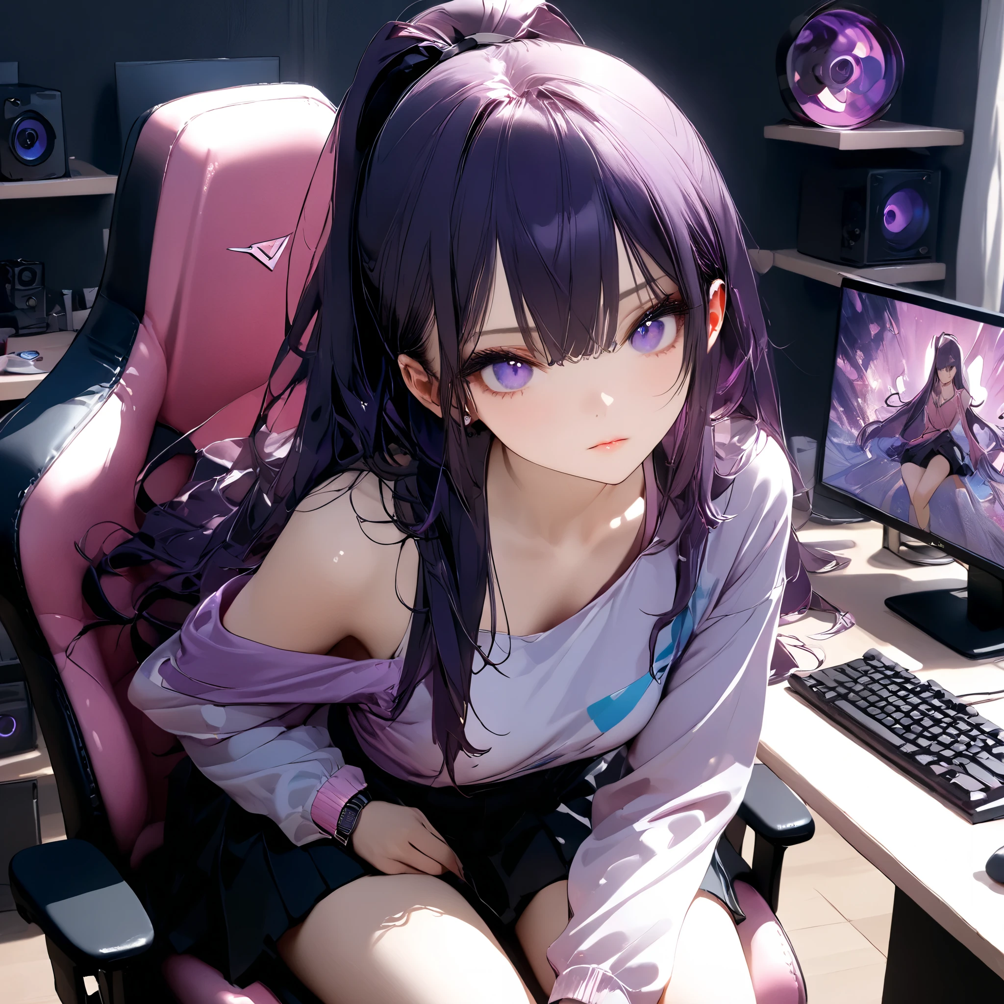 8k, Masterpiece, collection station, the girl has a gentle expression , she has dark purple hair , } Sitting in a pink gaming chair , 2 computers and 2 30 , top quality, 3D rendering , complicated, 1 girl, expressive eyes, perfect face, ( bright purple hair , long hair), perfect anatomy, full body, watches viewers, bright blue eyes , beautiful face, perfect face, Perfect Hands , Perfect Legs , Ultra Precise Clothes , complicated衣装, sitting in a pink gamer chair , 8k anime drawing style , Long pony hair, highly detailed art by artgerm . with pleats she is wearing a long-sleeved pink blouse with a woven pattern design , big purple eyes and , hyper CGI style , プリーツ付き . slung over one shoulder , with pleats 、 photorealistic anime rendering . decorated with small purple ribbons , All the details of the room's accessories are fuchsia pink , In the room: her skirt is short and white " monitor, She has a purple flower-shaped accessory on the right side of her hair ,
