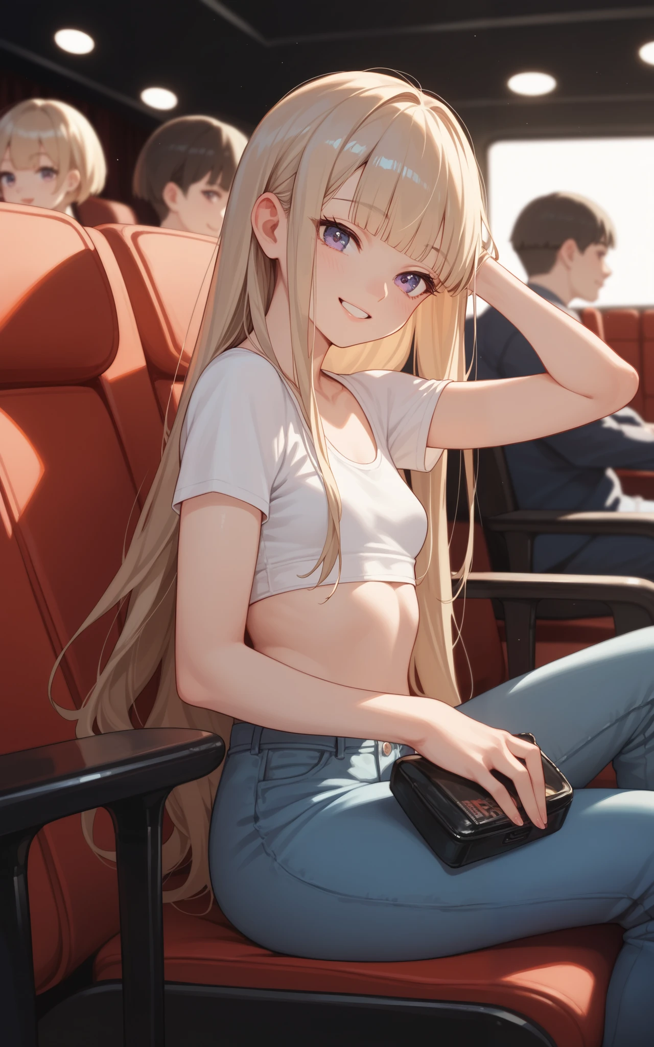 female, bronze hair, blunt bangs, himecut, long hair, THEATER, Smile, Small Breasts, anime, 