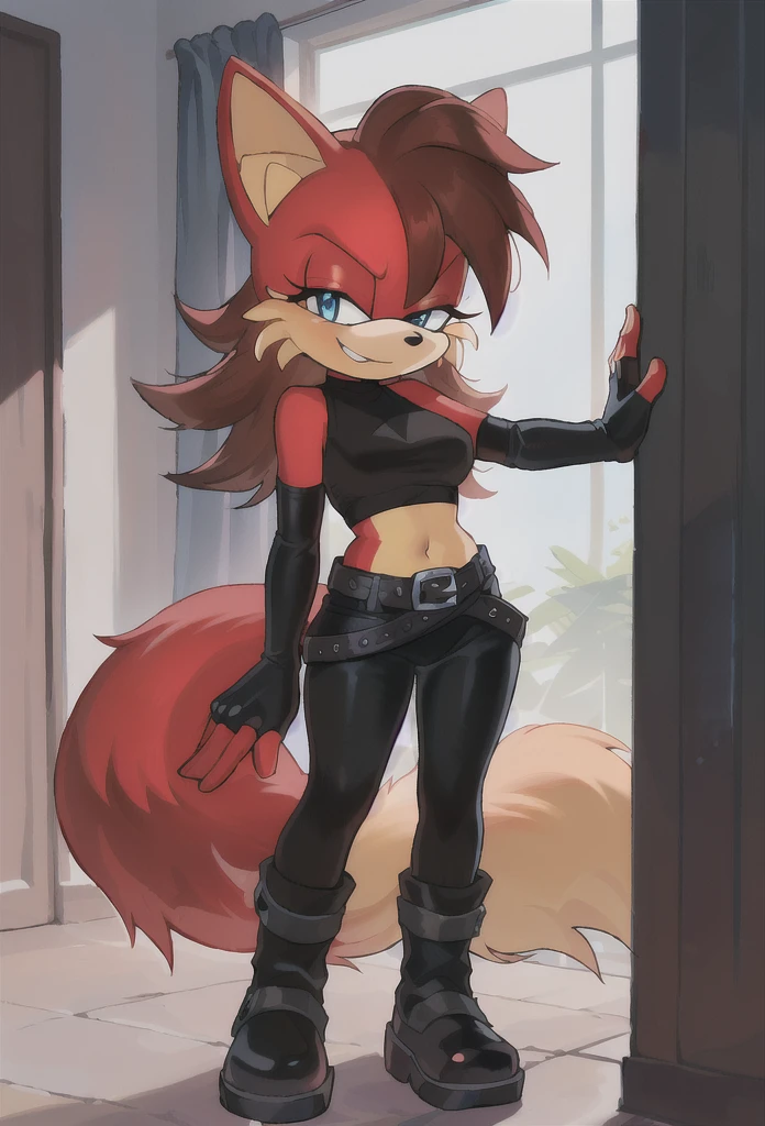sonic the hedger — женский персонаж с рыжим  tailом,  female assassin in red,  Anya from a spy family , cunning expression, cunning smile,  High Definition Commission , Anthropomorphic cyberpunk fox, , cunning,  the art of a silver fox , fox and bush, foxgirl,  detail character design {x} full figure commission for, fox tonic,  anthropomorphic fox masterpiece ,  best quality ,   neckline amazing quality,  very aesthetic ,  absurdities , Sonic \(series\),  Fiona Lisa ,  1girl,  fluffy female ,  happy ,  blue eyes ,  black pants ,  fingerless gloves, navel,  ,  standing,  black shirt,  sleeveless shirt ,  middle ,  black gloves , red fur,  tail, уши lifeного, body fur, belt, black shoes ,  brown hair,  long hair,  waist, нос lifeного, yellow wool,  bicolor fur ,   shouldered, boots, life,  elbow gloves, smirk,  indoor skirt,  short stack 