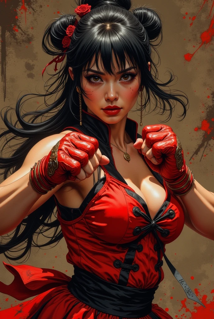 Chun-Li intricate details insanely red and black gothic Chun-Li fighting stance, heroic stance pose, boxing stance, in a fighting pose, 3D effect ultra-detailed intricate insanely full HD, full body portrait, hyperrealist artwork by Iván Pili , close-up portrait, extreme close-up, wide-angle shot, spotlight embroidery, accents, intense gaze, expressive eyes, toned body, , , (steampunk), heroic proportions, epic fantasy concept, gong li, Bai Ling, , over-the-shoulder shot, Chung Li, graffiti dragon 3D effect ultra-detailed intricate insanely full HD graffiti dragon 3D isometric effect ultra-detailed intricate insanely full HD painted in wood walls, enter the dragon movie style,